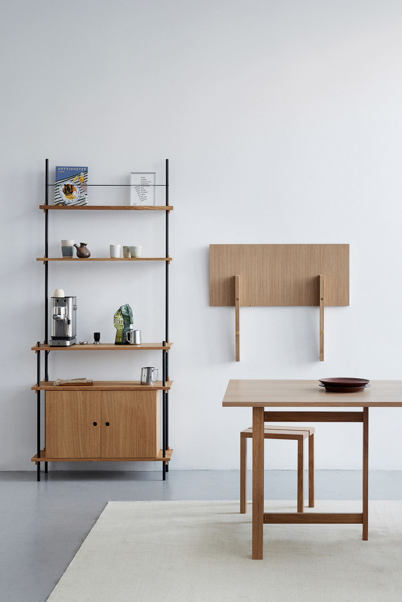 MOEBE // SHELVING SYSTEM - S.200.1.I | 200CM x 65CM |  OAK SHELVES |  WARM GREY LEGS