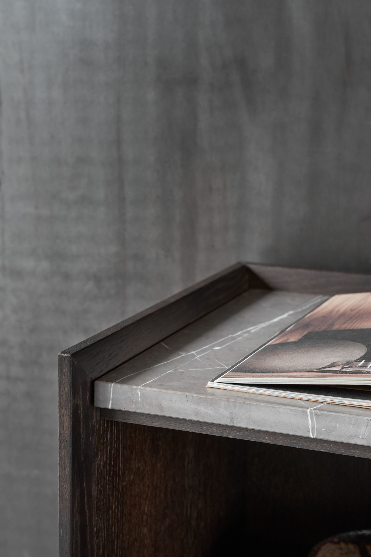 VIPP 675 // Cabinet H1 - Dark oak case, dark anodized aluminium doors, Pietra grey marble top