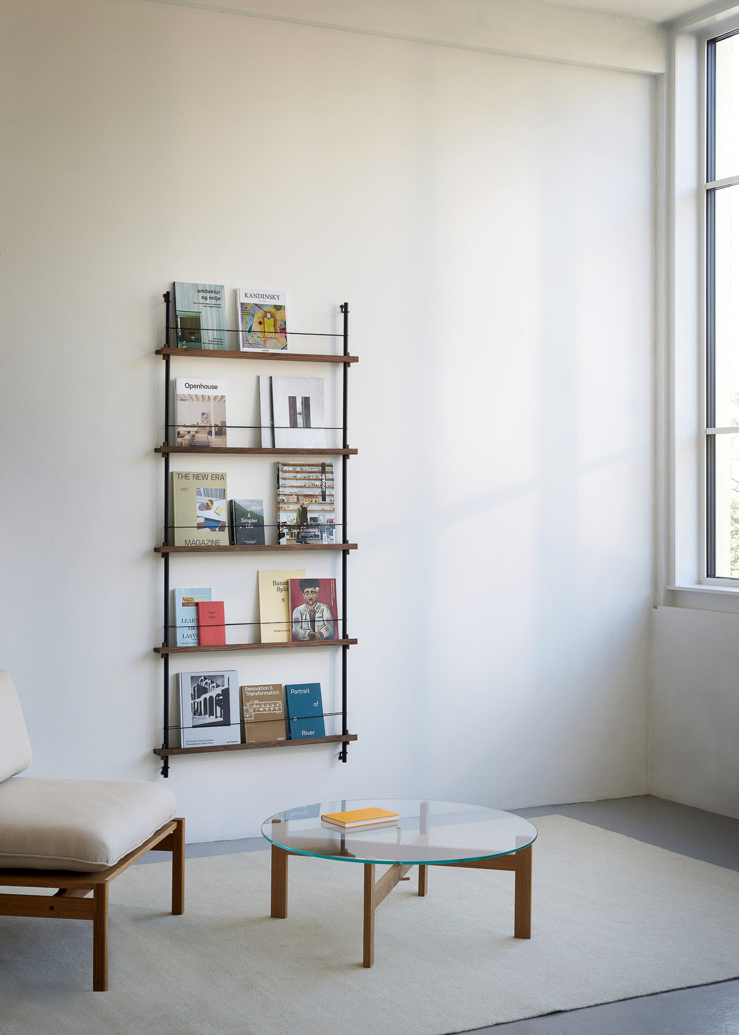 MOEBE // MAGAZINE SHELVING  - MS.180.1 | 180CM x 85CM |  OAK SHELVES |  WHITE LEGS