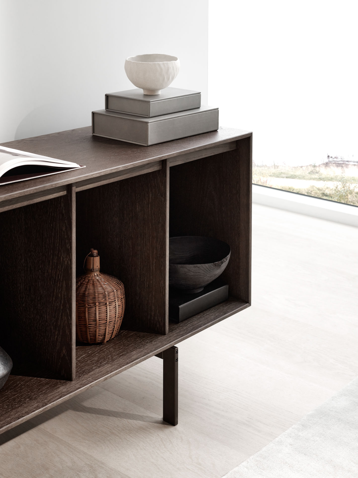 VIPP 675 // Cabinet H1 - Dark oak case, dark anodized aluminium doors, Pietra grey marble top