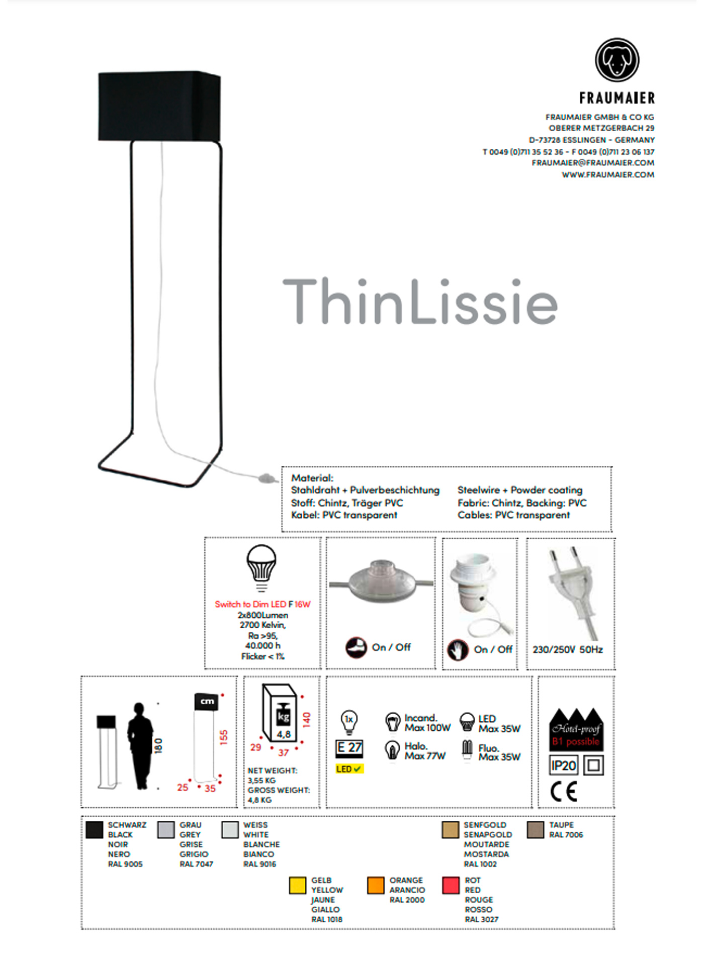 frauMaier // ThinLissie StDim - Floor lamp, white, foot switch, with StDim