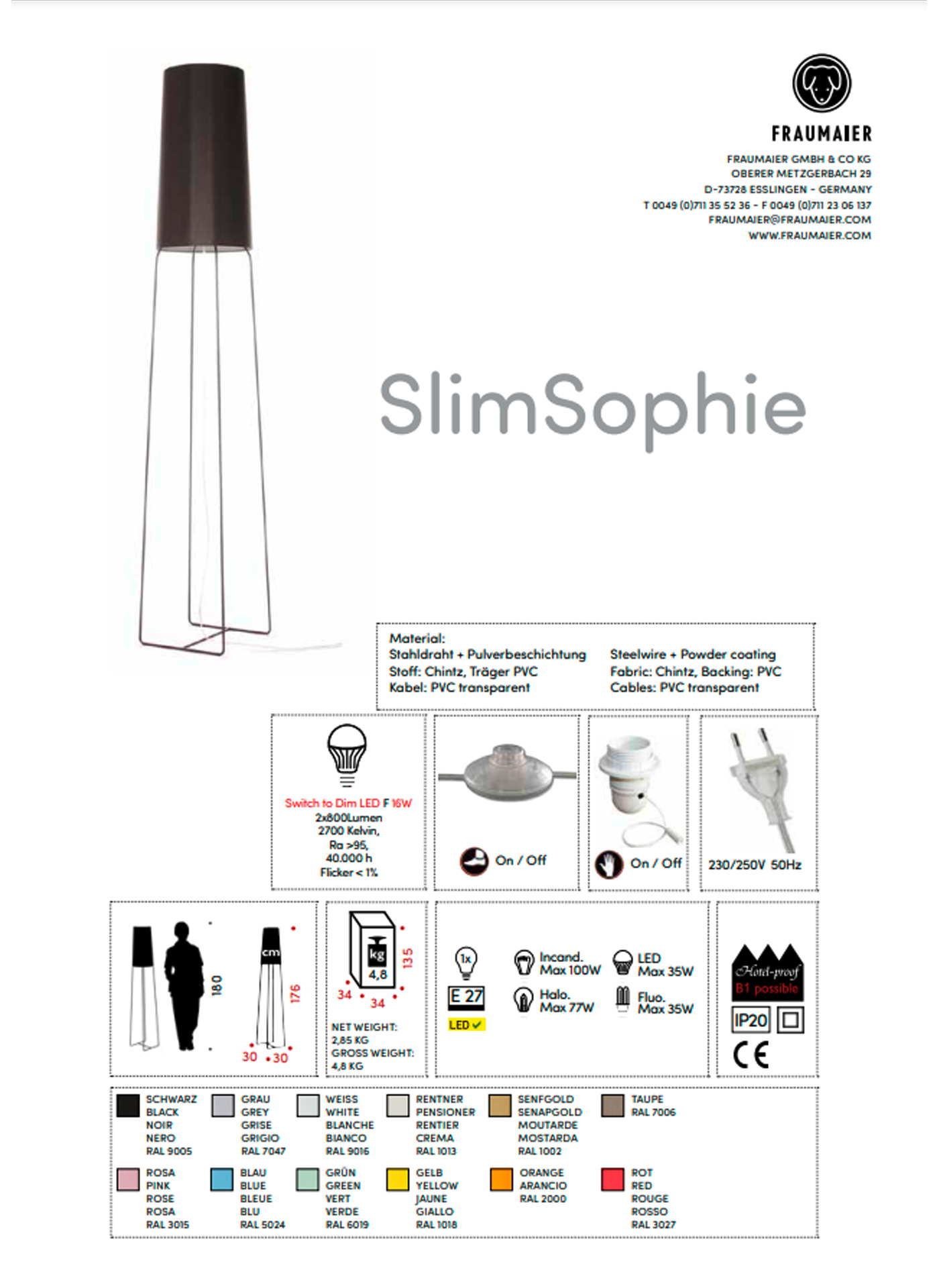 frauMaier // SlimSophie StDim - Floor Lamp, orange, foot switch, with StDim