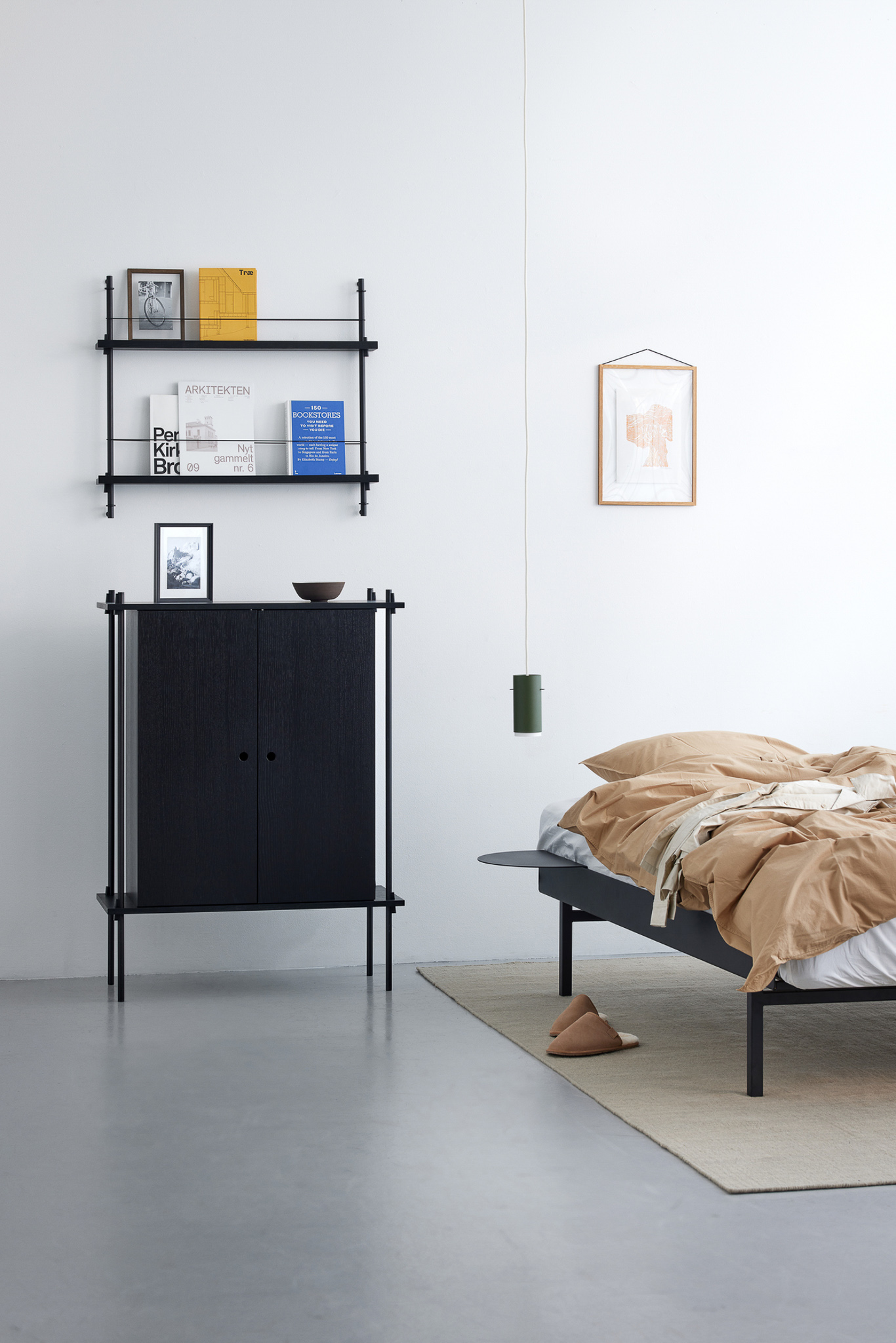 MOEBE // BED 90 CM (TALL) - BLACK | NO SLATS | 1x SIDE TABLE