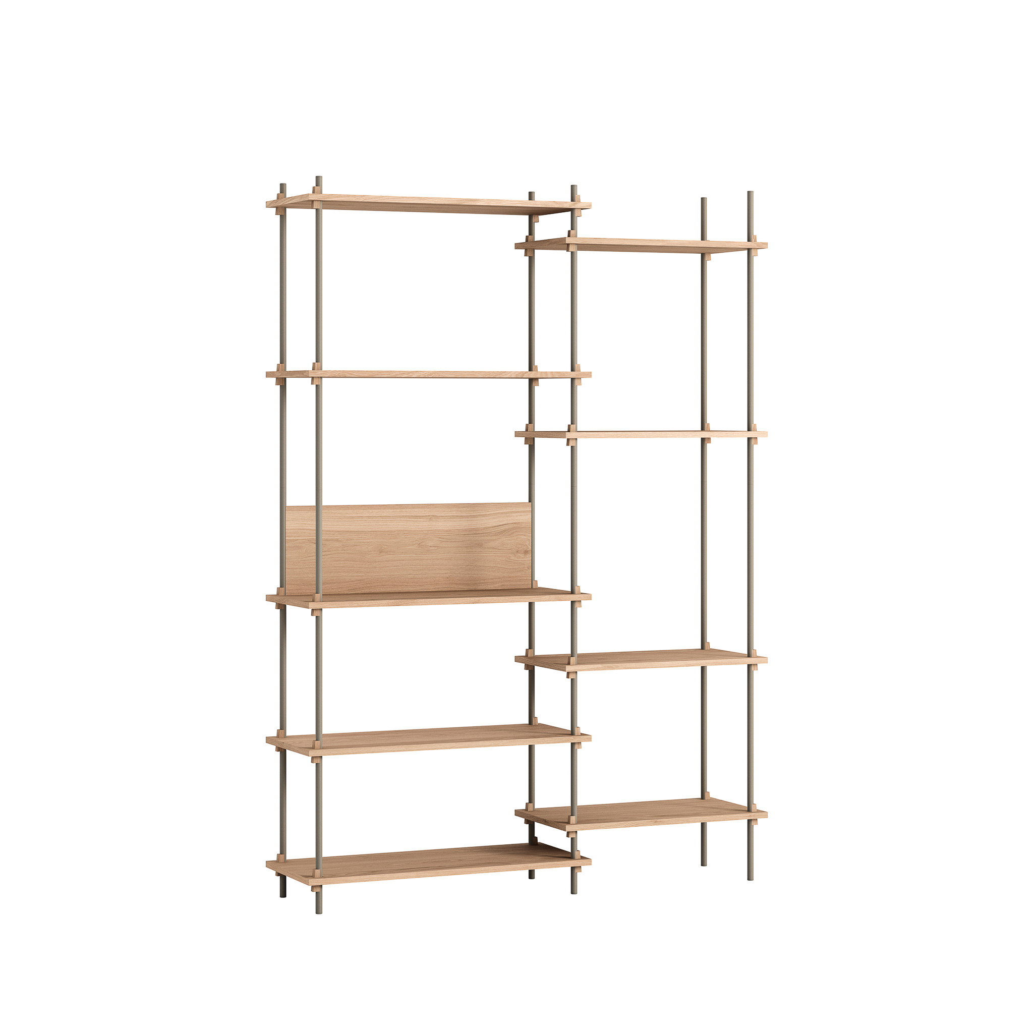 MOEBE // SHELVING SYSTEM - S.200.2.J | 200CM x 142CM |  OAK SHELVES |  WARM GREY LEGS