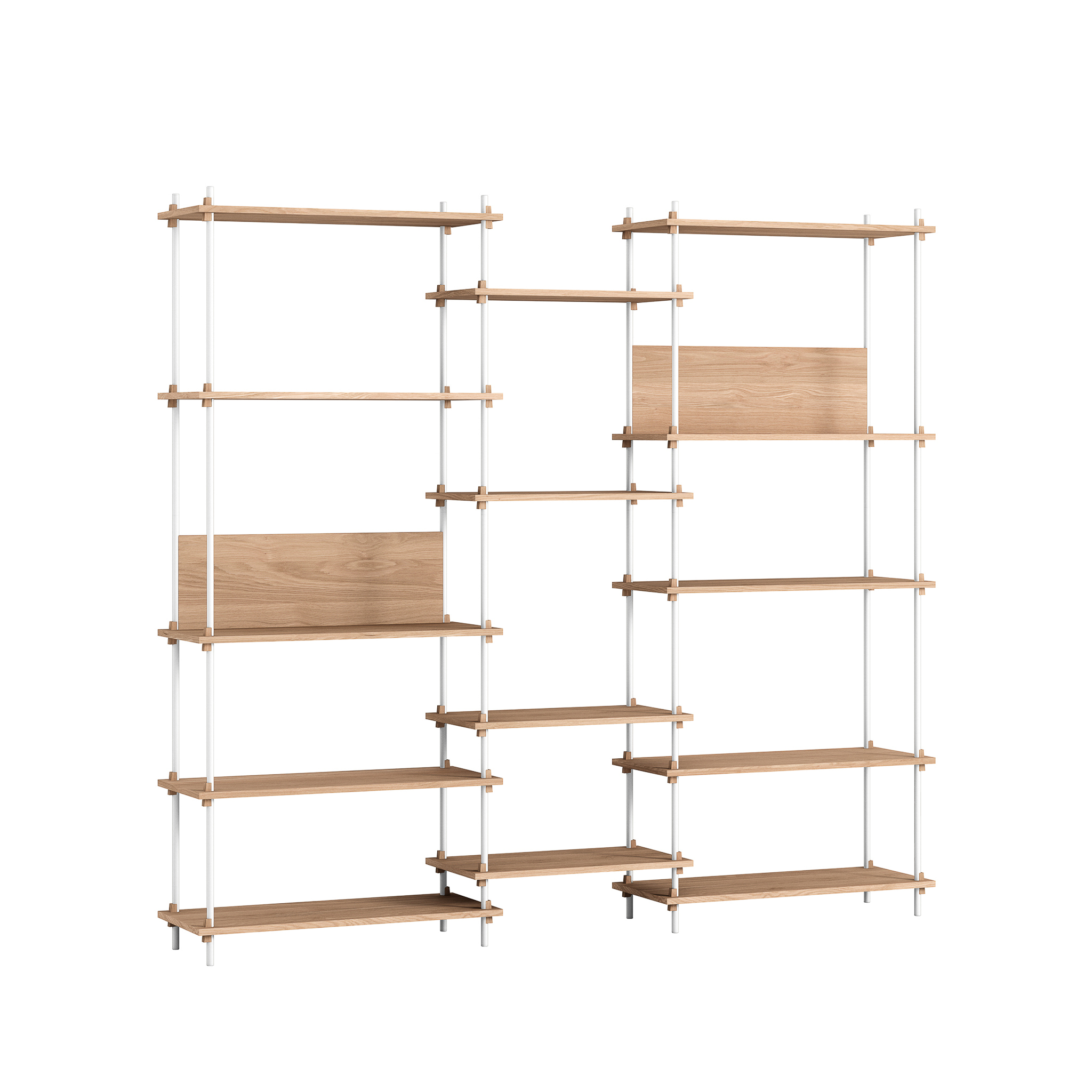 MOEBE // SHELVING SYSTEM - S.200.3.E | 200CM x 219CM |  OAK SHELVES |  WHITE LEGS