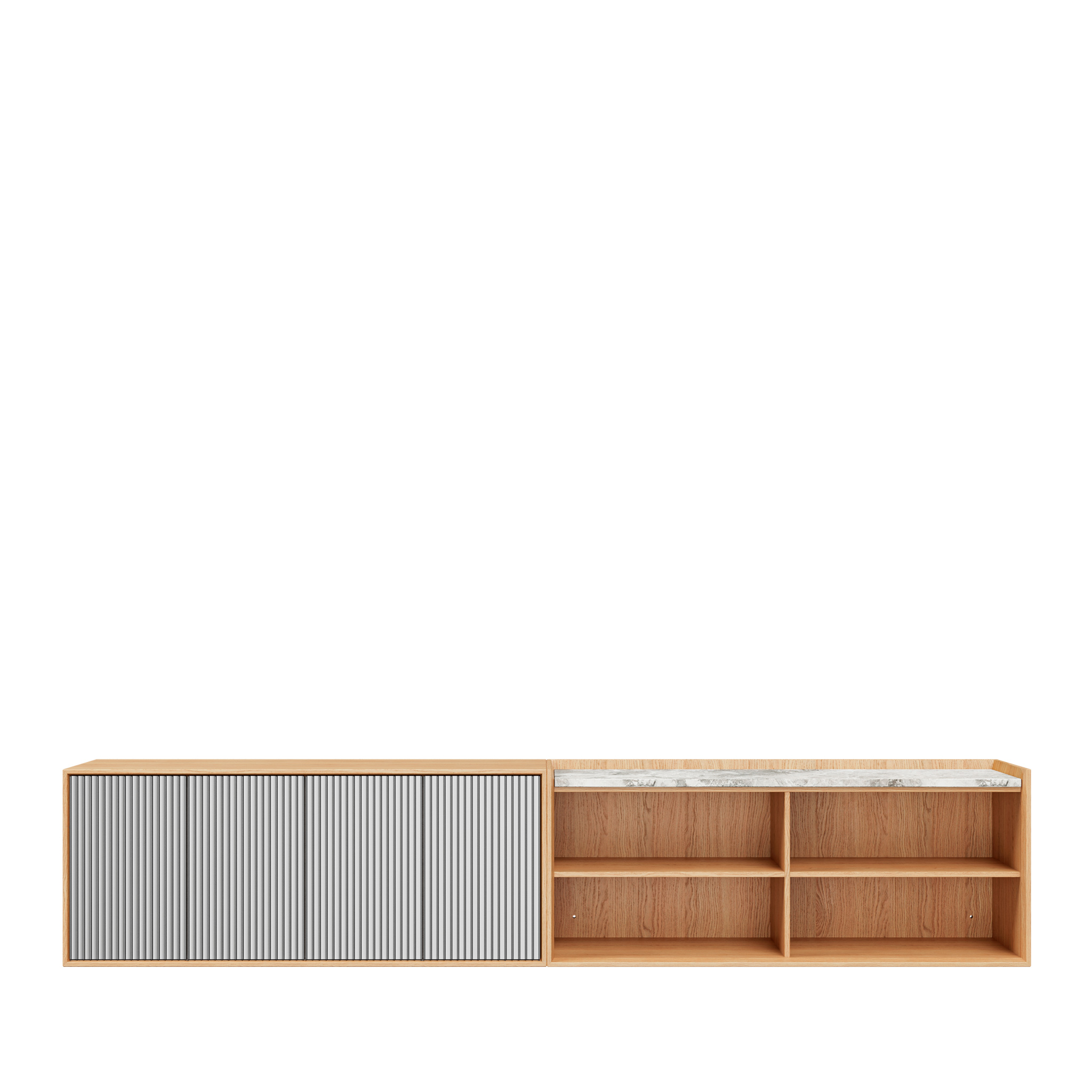 VIPP 675 // Cabinet H6 - Light oak case, light anodized aluminium doors, Sky grey marble top