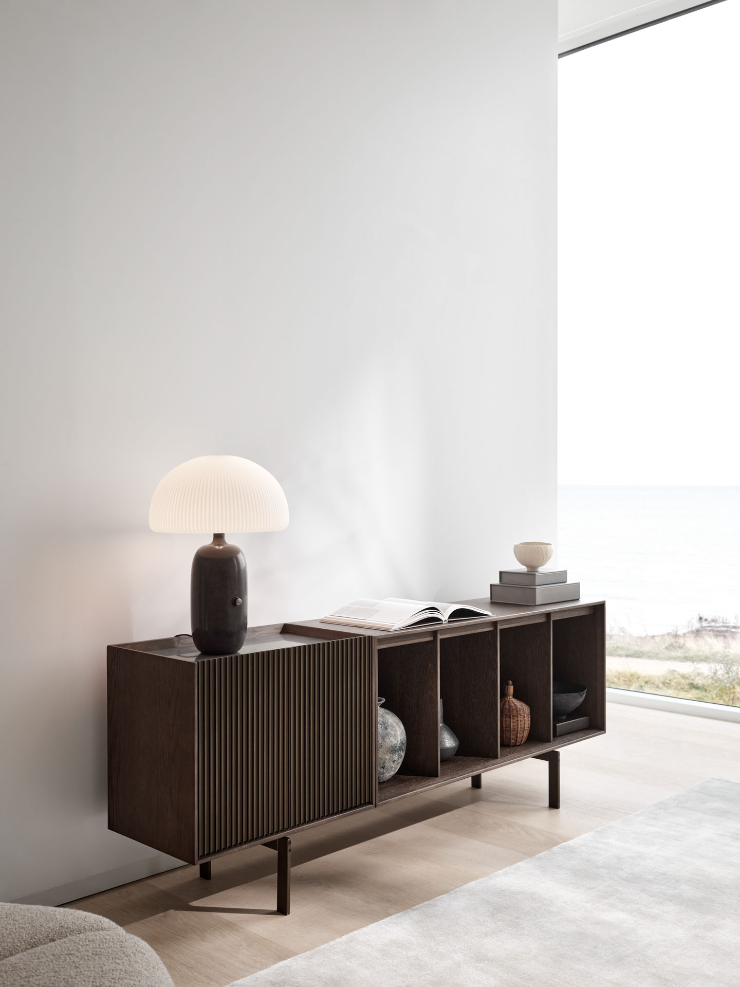 VIPP 675 // Cabinet H1 - Light oak case, light anodized aluminium doors, Sky grey marble top