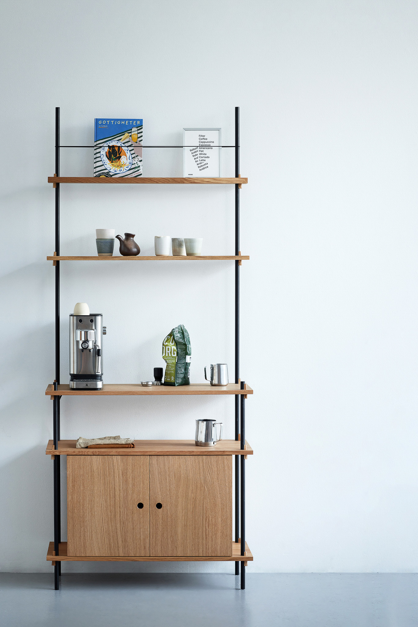 MOEBE // SHELVING SYSTEM - S.115.1.C | 115CM x 85CM |  OAK SHELVES |  WARM GREY LEGS