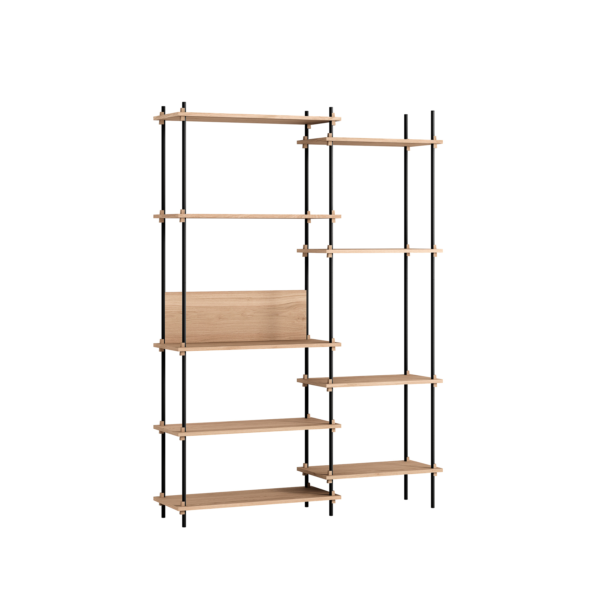 MOEBE // SHELVING SYSTEM - S.200.2.J | 200CM x 142CM |  OAK SHELVES |  BLACK LEGS