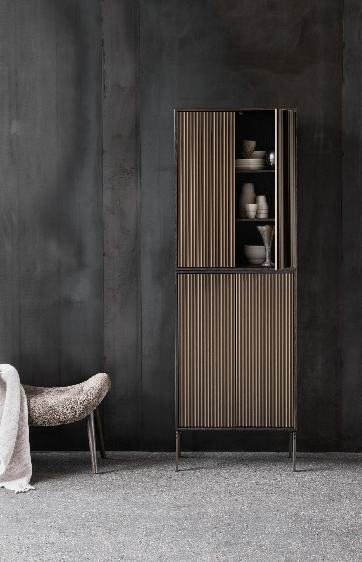 VIPP 675 // Cabinet H10 - Dark oak case, dark anodized aluminium doors, Pietra grey marble top