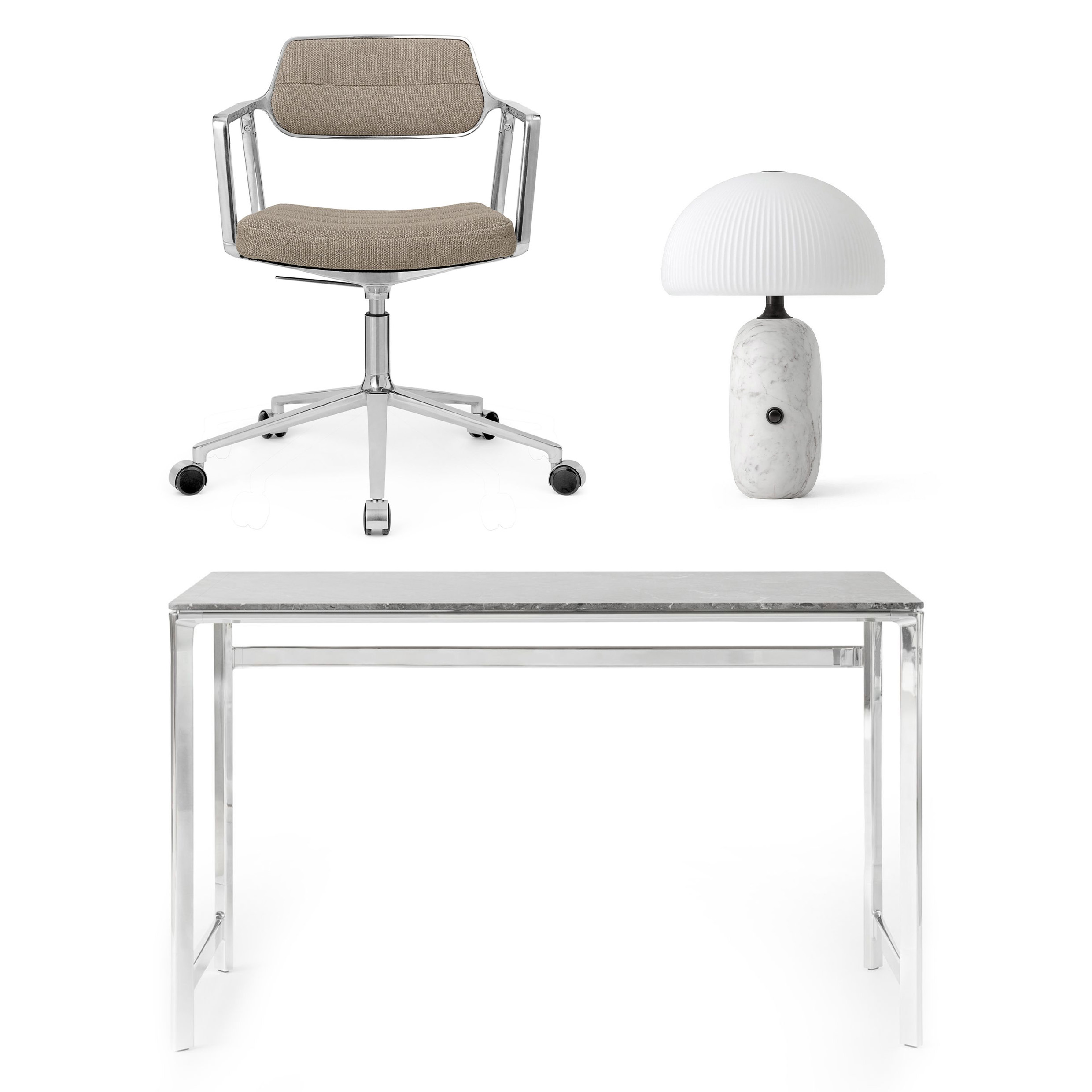 VIPP 430/453/591 Bundle - Studio Desk Ocean Grey + Drehstuhl pol. Rahmen Rollen Textil Sand + Sculpture Table Lamp Weiss