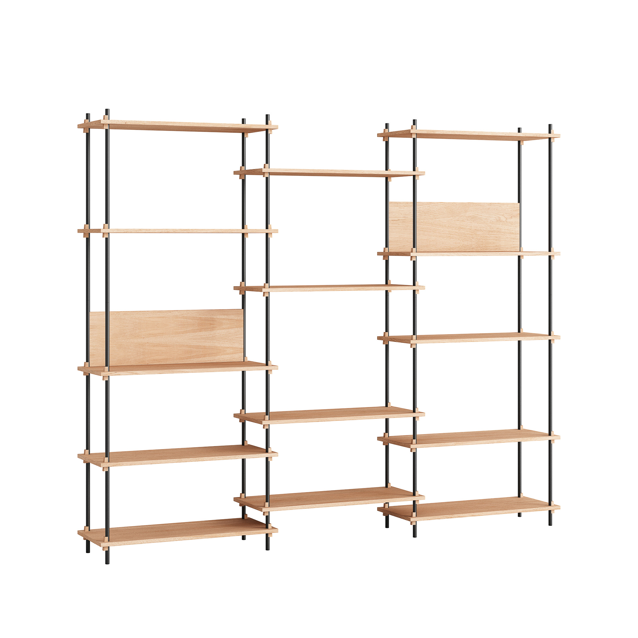 MOEBE // SHELVING SYSTEM - S.200.3.A | 200CM x 240CM |  OAK SHELVES |  BLACK LEGS