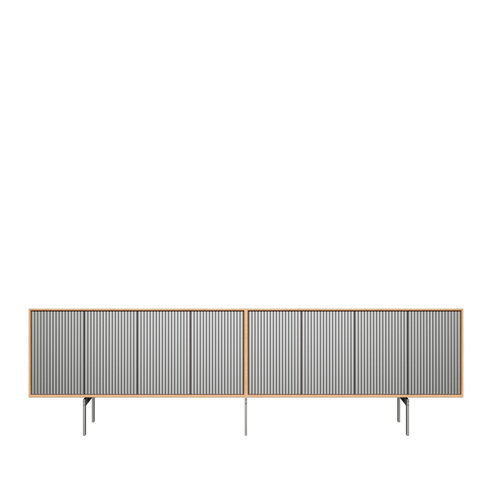 VIPP 675 // Cabinet H8 - Light oak case, light anodized aluminium doors, Sky grey marble top