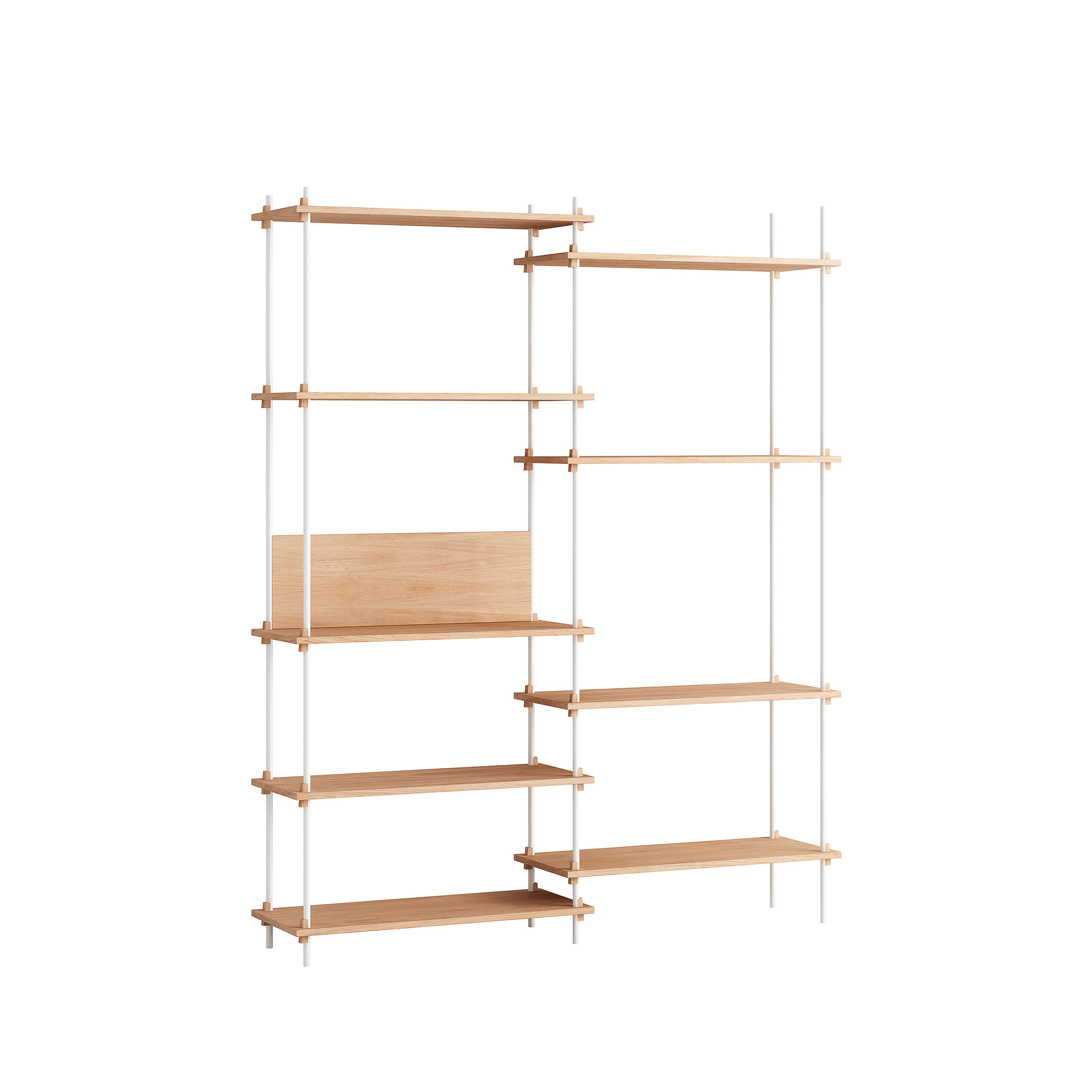 MOEBE // SHELVING SYSTEM - S.200.2.A | 200CM x 163CM |  OAK SHELVES |  WHITE LEGS