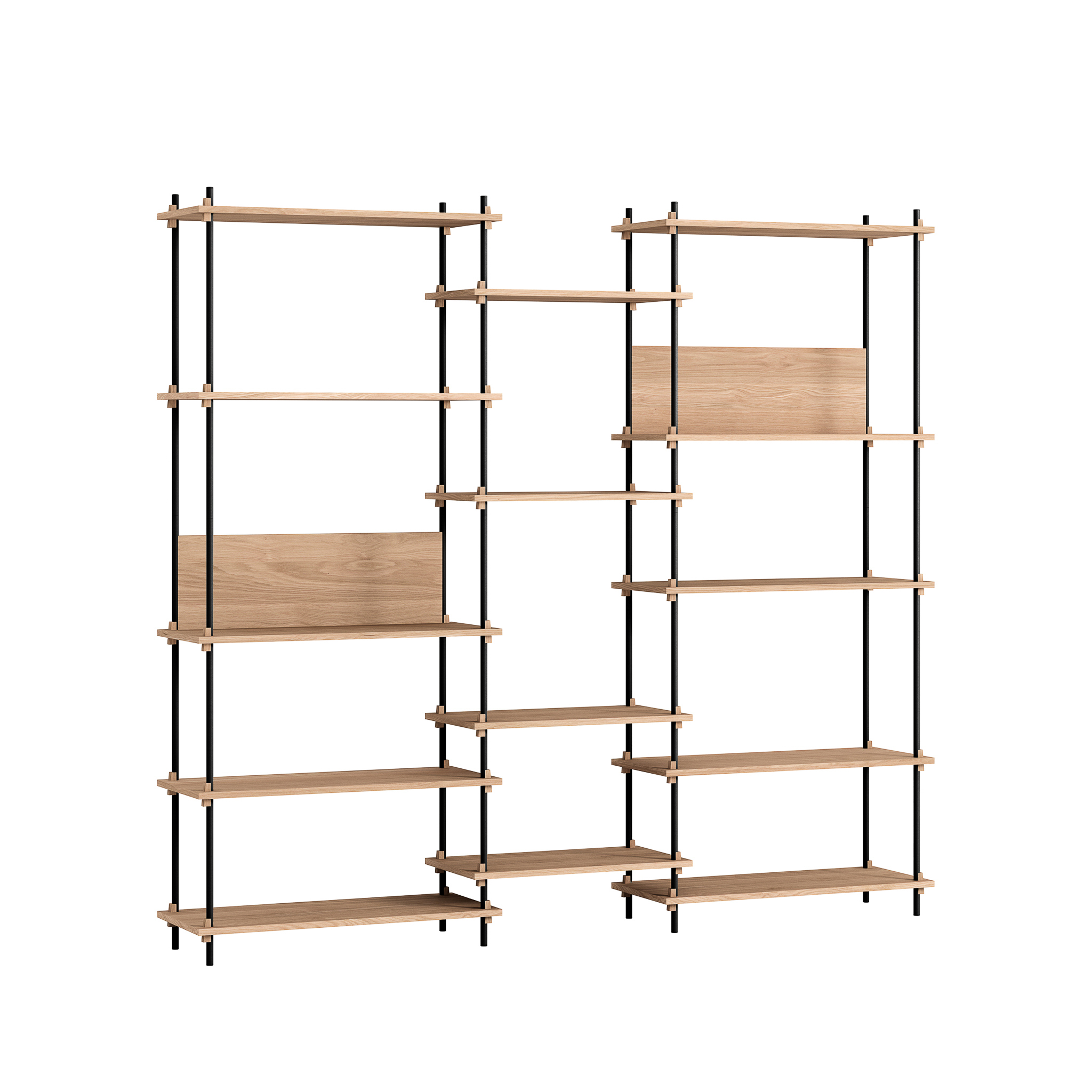 MOEBE // SHELVING SYSTEM - S.200.3.E | 200CM x 219CM |  OAK SHELVES |  BLACK LEGS