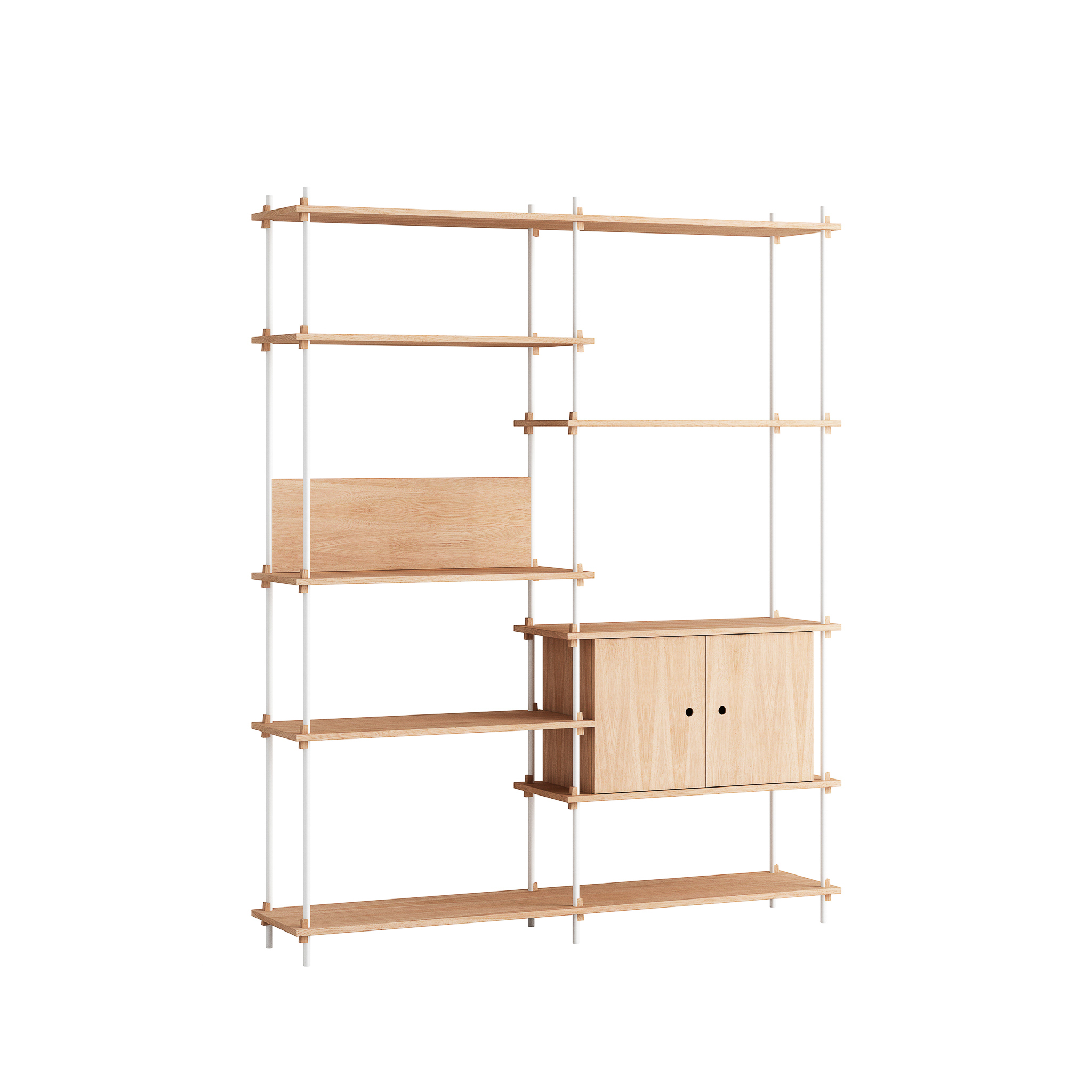 MOEBE // SHELVING SYSTEM - S.200.2.C | 200CM x 163CM |  OAK SHELVES |  WHITE LEGS