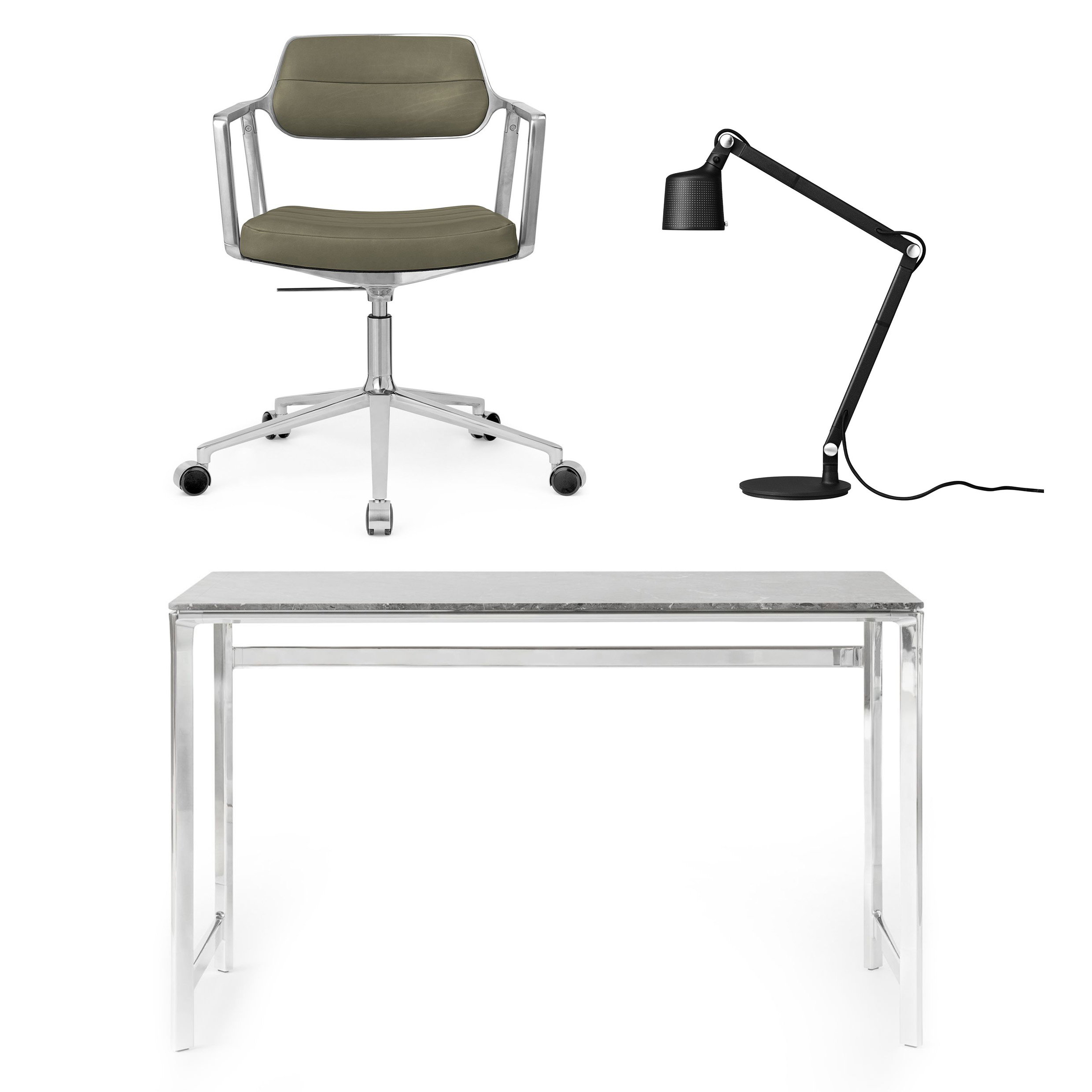 VIPP 430/453/521 Bundle - Studio Desk Ocean Grey + Drehstuhl pol. Rahmen Rollen Bosco Green + Schreibtischleuchte Schwarz