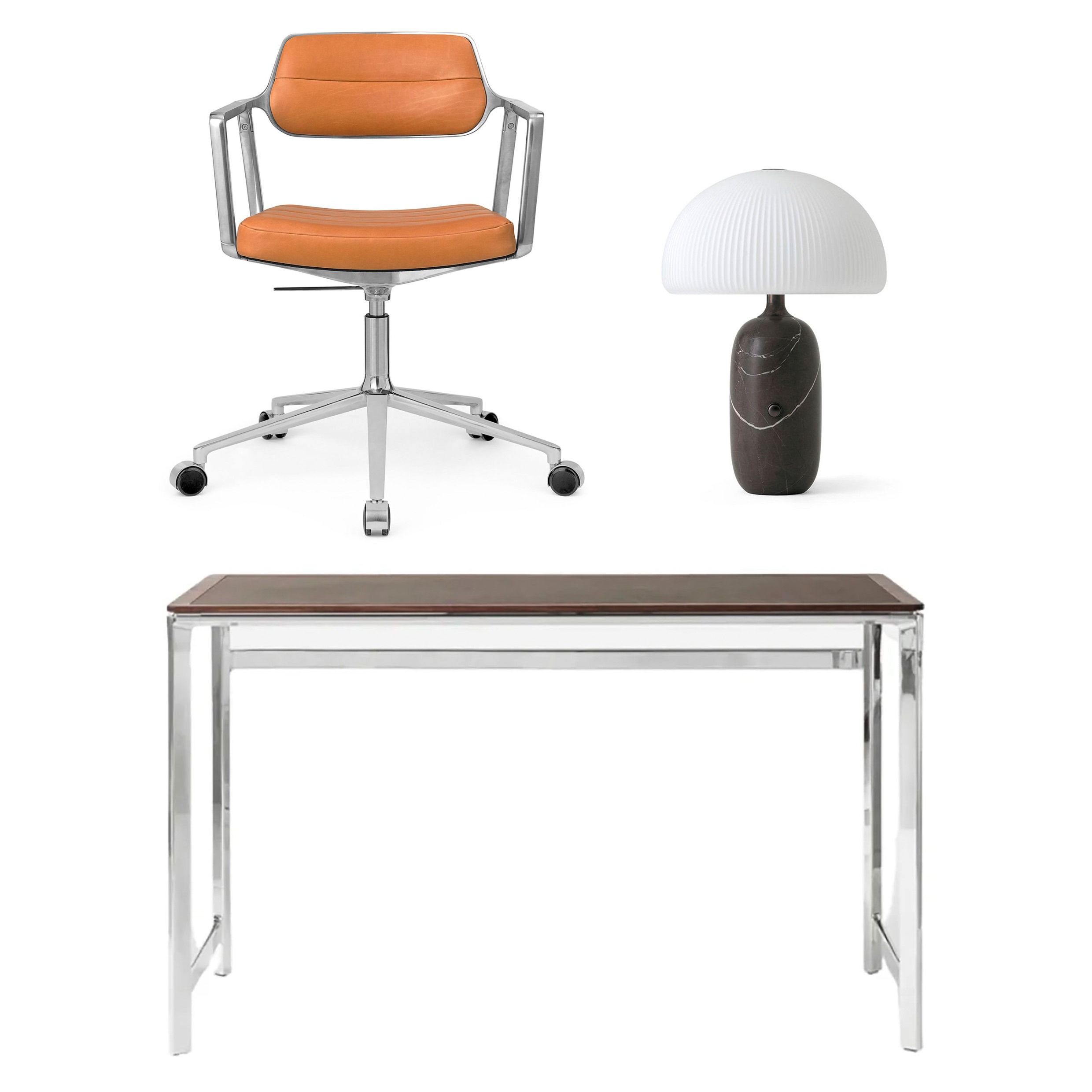 VIPP 430/453/591 Bundle - Studio Desk Bosco Leder + Drehstuhl pol. Rahmen Rollen Leder Kamel + Sculpture Table Lamp Schwarz