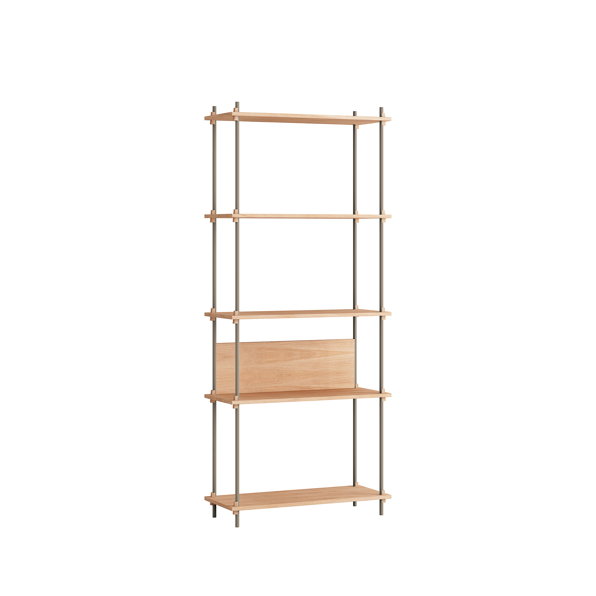 MOEBE // SHELVING SYSTEM - S.200.1.A | 200CM x 86CM |  OAK SHELVES |  WARM GREY LEGS