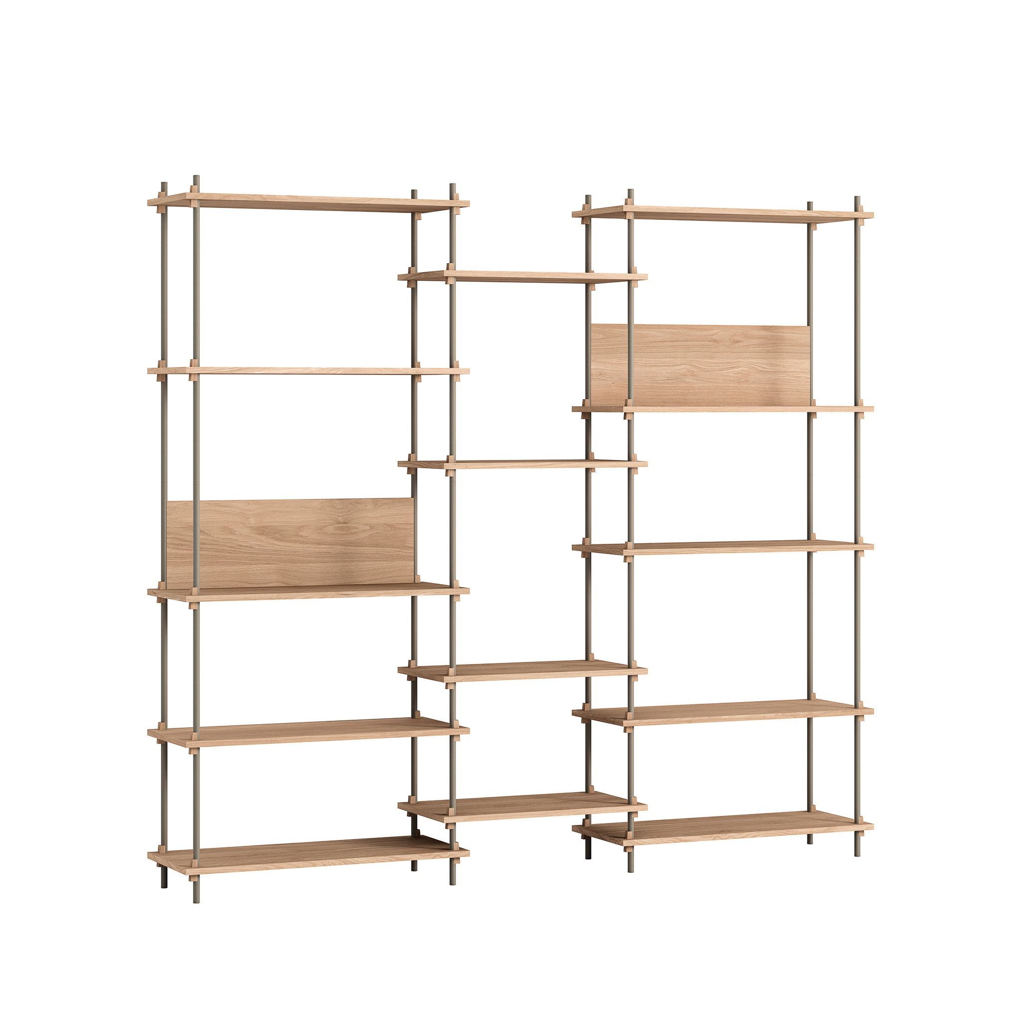 MOEBE // SHELVING SYSTEM - S.200.3.E | 200CM x 219CM |  OAK SHELVES |  WARM GREY LEGS