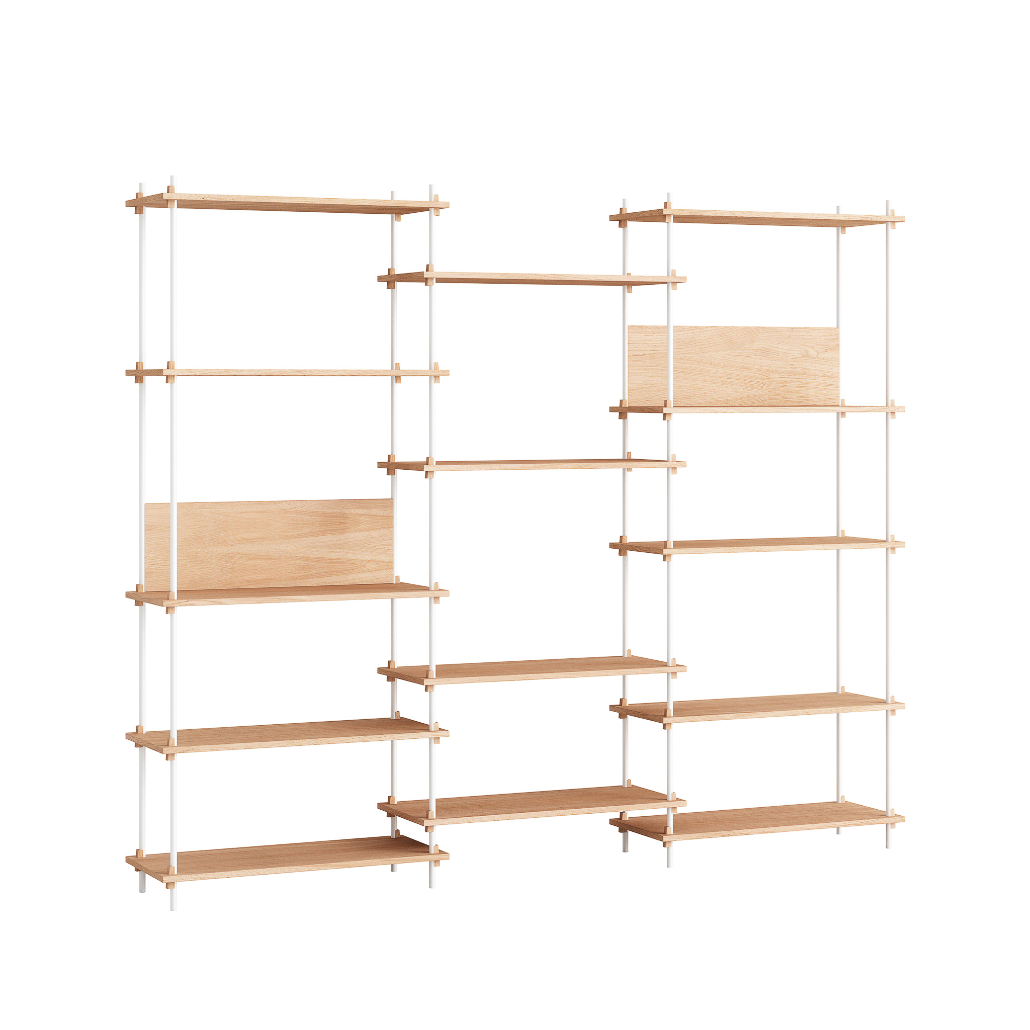 MOEBE // SHELVING SYSTEM - S.200.3.A | 200CM x 240CM |  OAK SHELVES |  WHITE LEGS