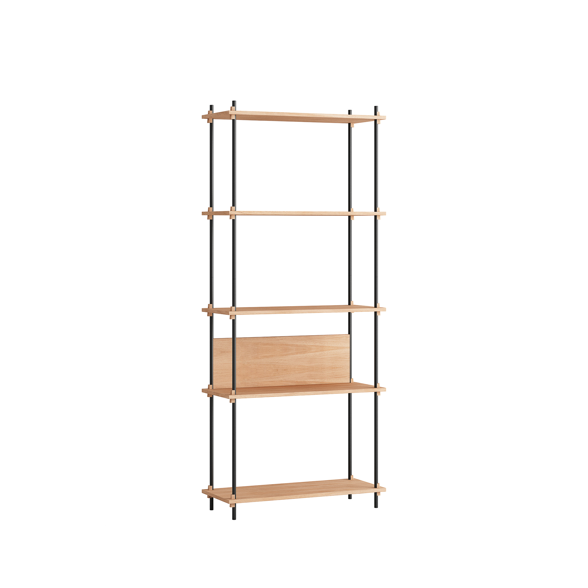 MOEBE // SHELVING SYSTEM - S.200.1.A | 200CM x 86CM |  OAK SHELVES |  BLACK LEGS