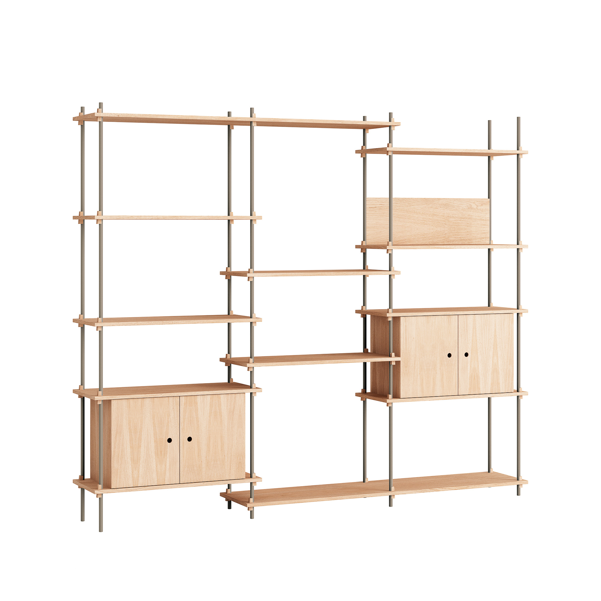 MOEBE // SHELVING SYSTEM - S.200.3.B | 200CM x 240CM |  OAK SHELVES |  WARM GREY LEGS