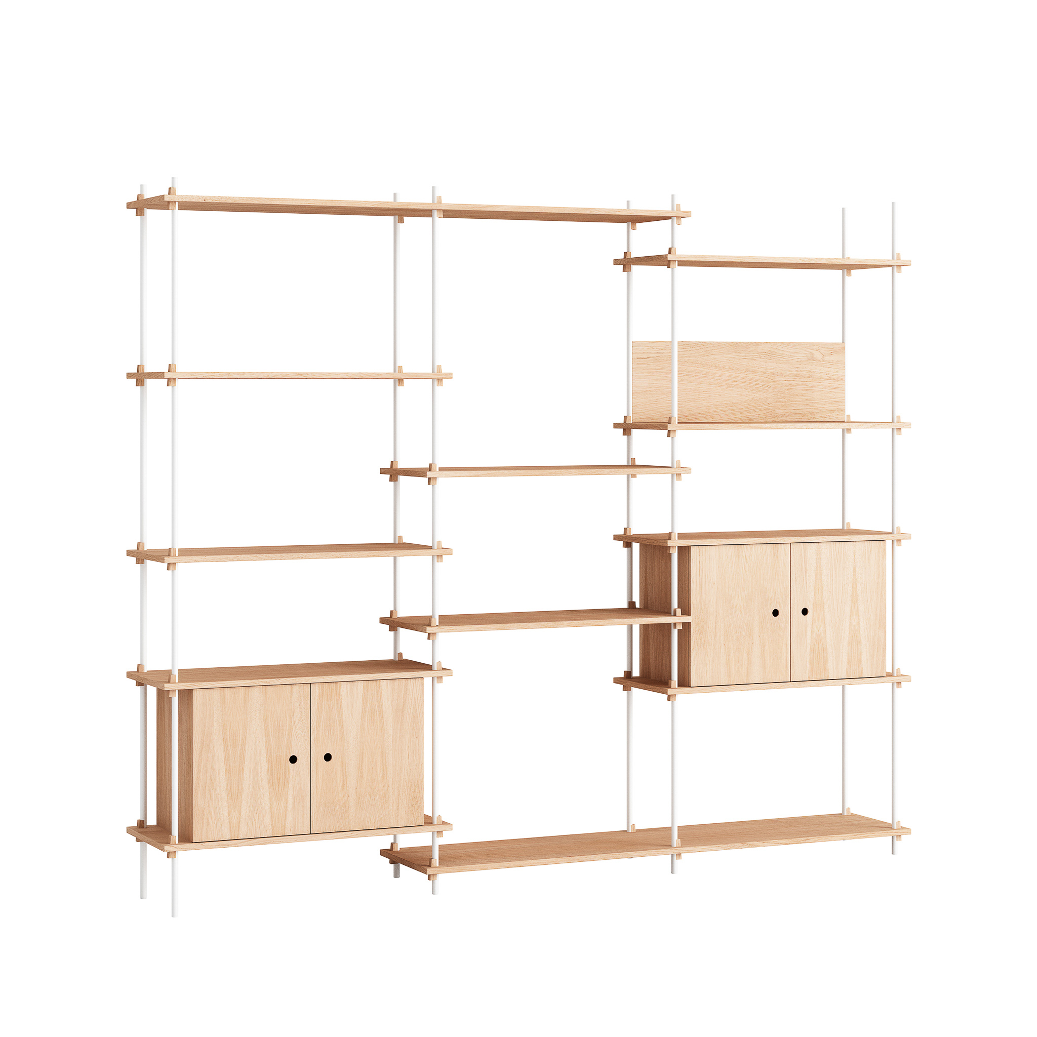 MOEBE // SHELVING SYSTEM - S.200.3.B | 200CM x 240CM |  OAK SHELVES |  WHITE LEGS