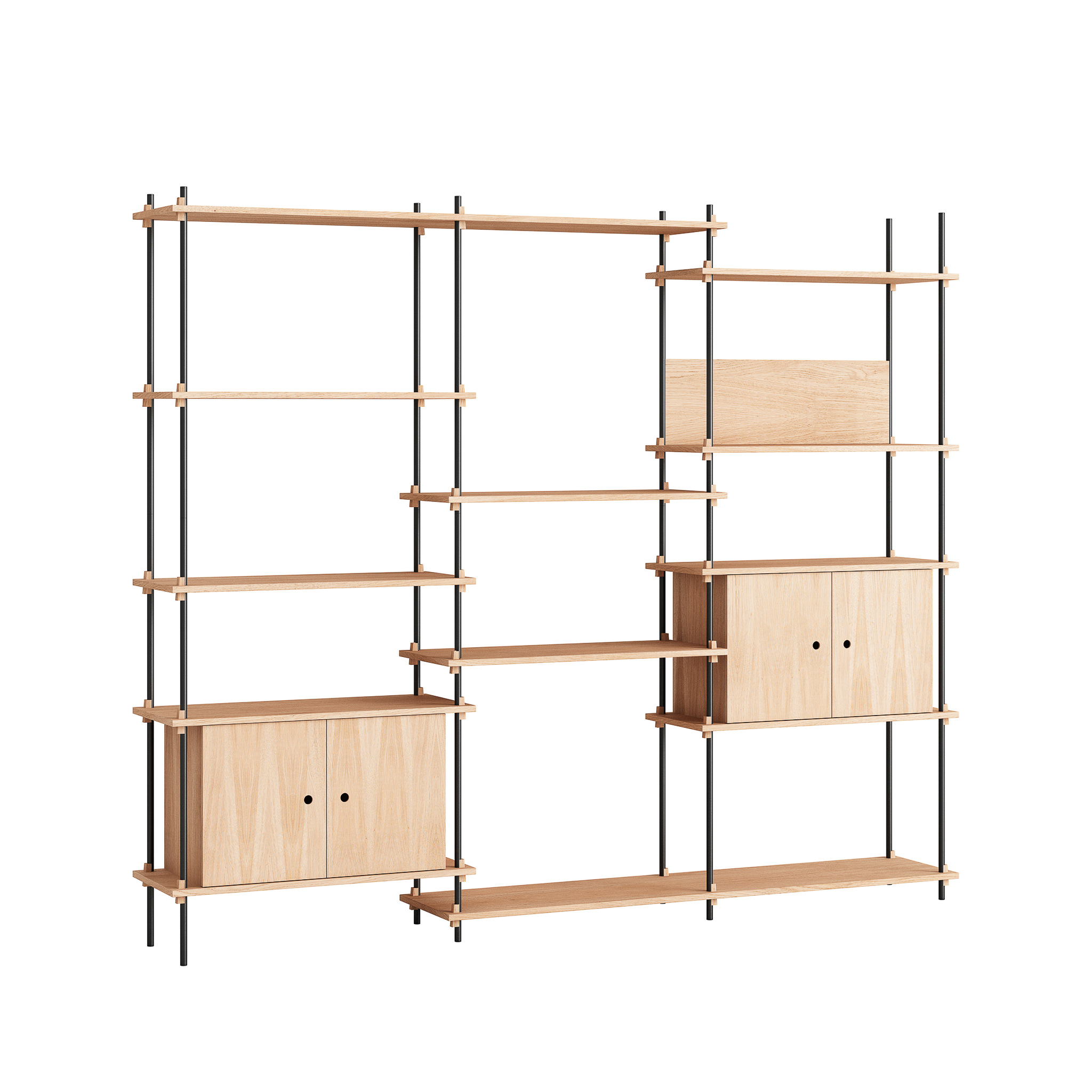 MOEBE // SHELVING SYSTEM - S.200.3.B | 200CM x 240CM |  OAK SHELVES |  BLACK LEGS