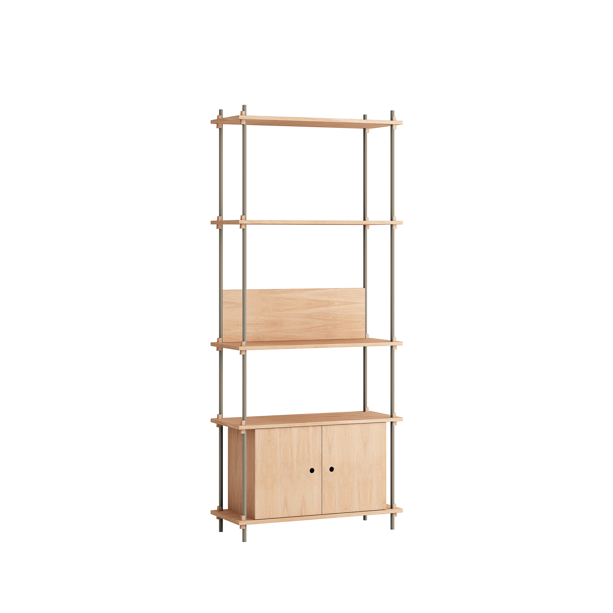 MOEBE // SHELVING SYSTEM - S.200.1.B | 200CM x 86CM |  OAK SHELVES |  WARM GREY LEGS