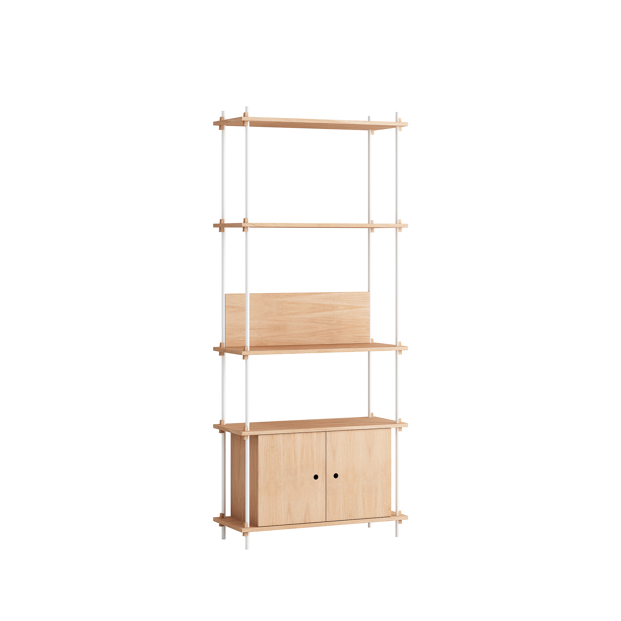 MOEBE // SHELVING SYSTEM - S.200.1.B | 200CM x 86CM |  OAK SHELVES |  WHITE LEGS