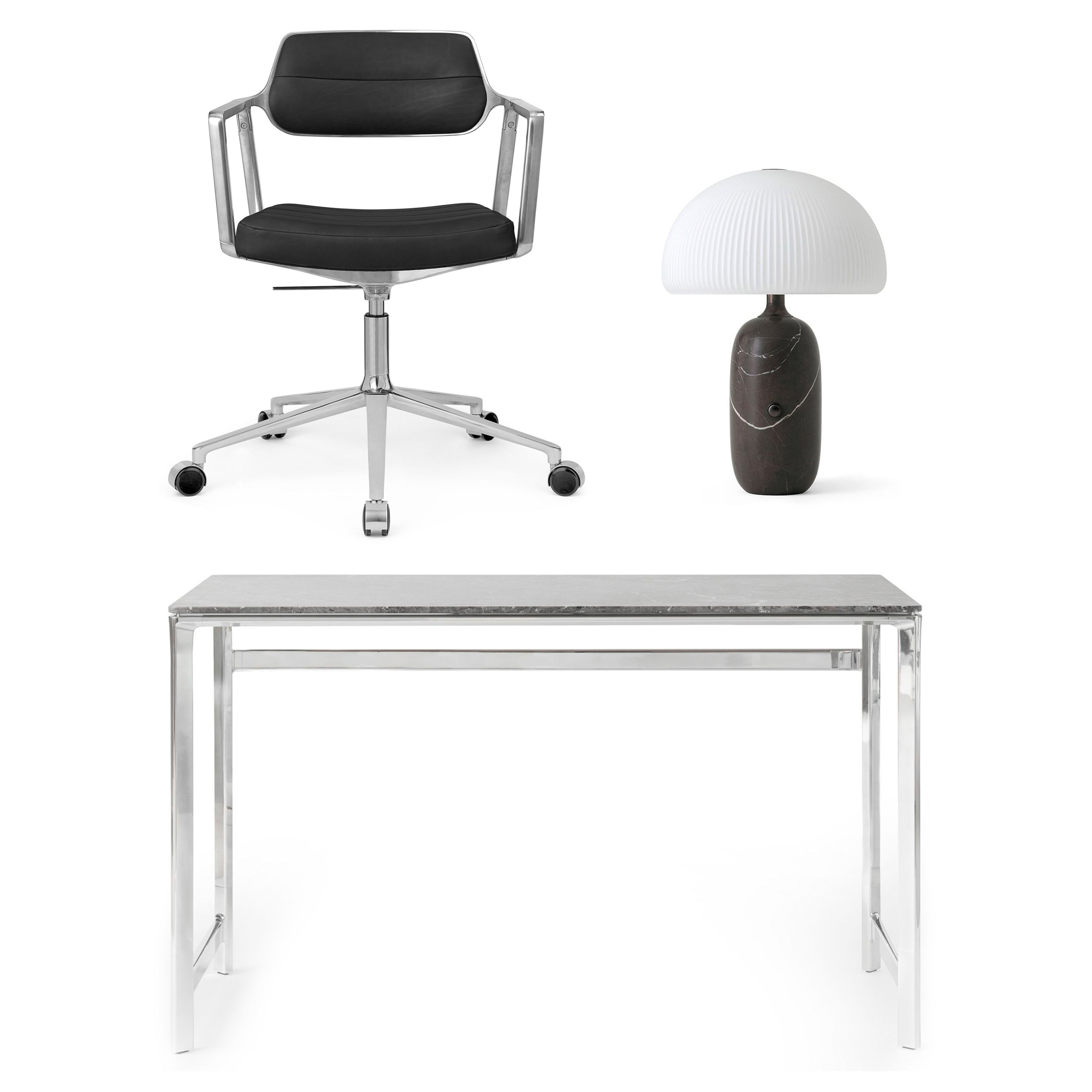 VIPP 430/453/591 Bundle - Studio Desk Ocean Grey + Drehstuhl pol. Rahmen Rollen Leder Schwarz + Sculpture Table Lamp Schwarz