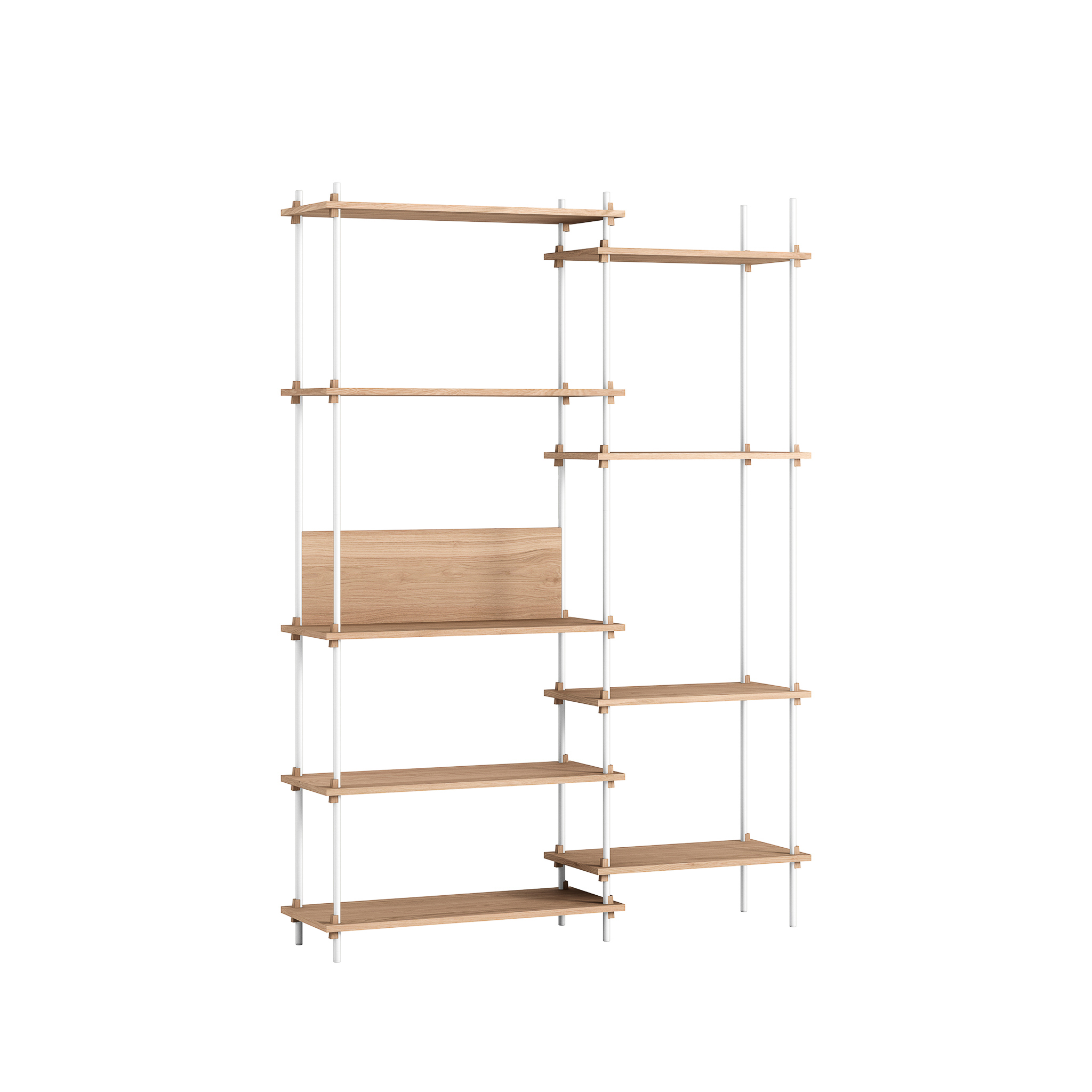 MOEBE // SHELVING SYSTEM - S.200.2.J | 200CM x 142CM |  OAK SHELVES |  WHITE LEGS