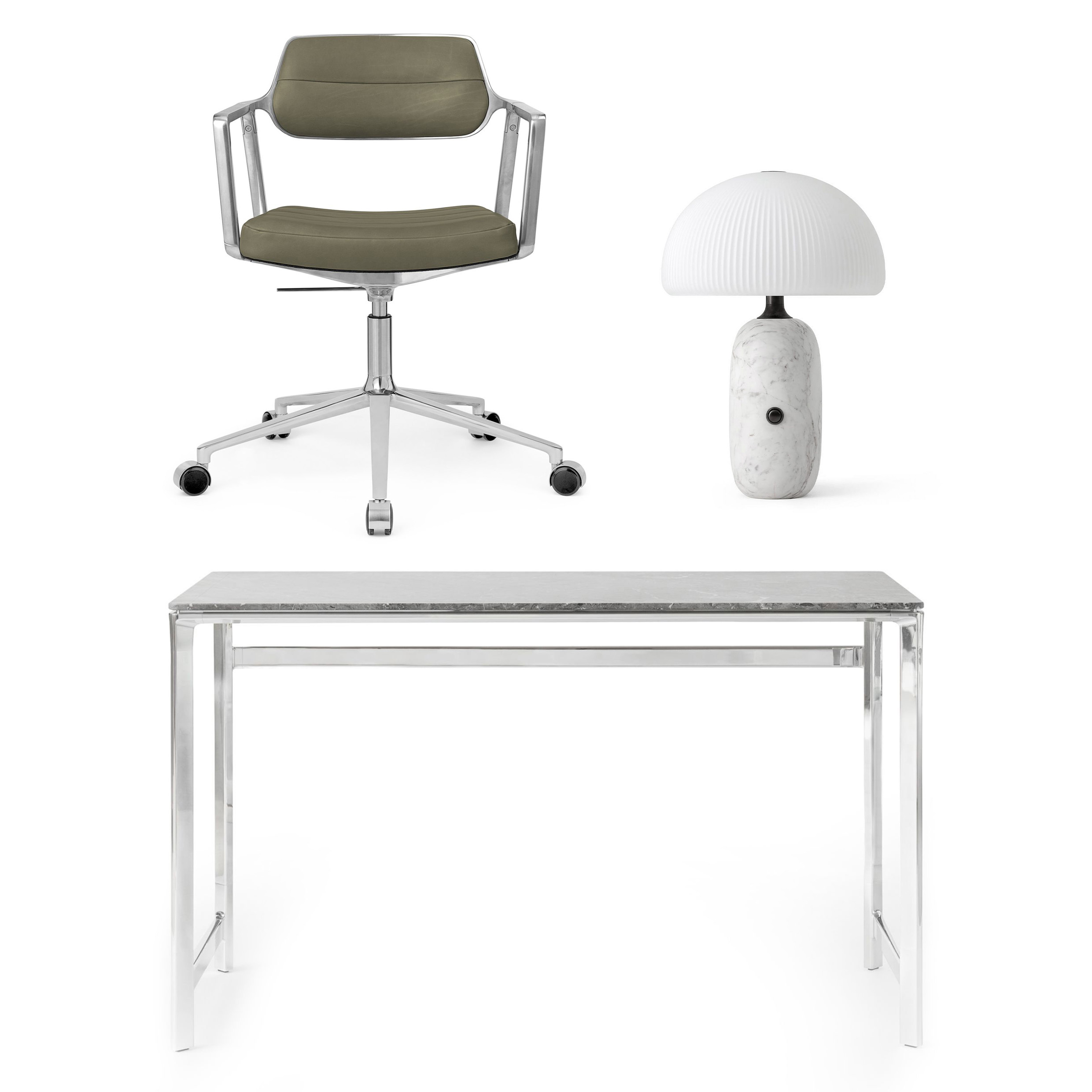 VIPP 430/453/591 Bundle - Studio Desk Ocean Grey + Drehstuhl pol. Rahmen Rollen Bosco Green + Sculpture Table Lamp Weiss