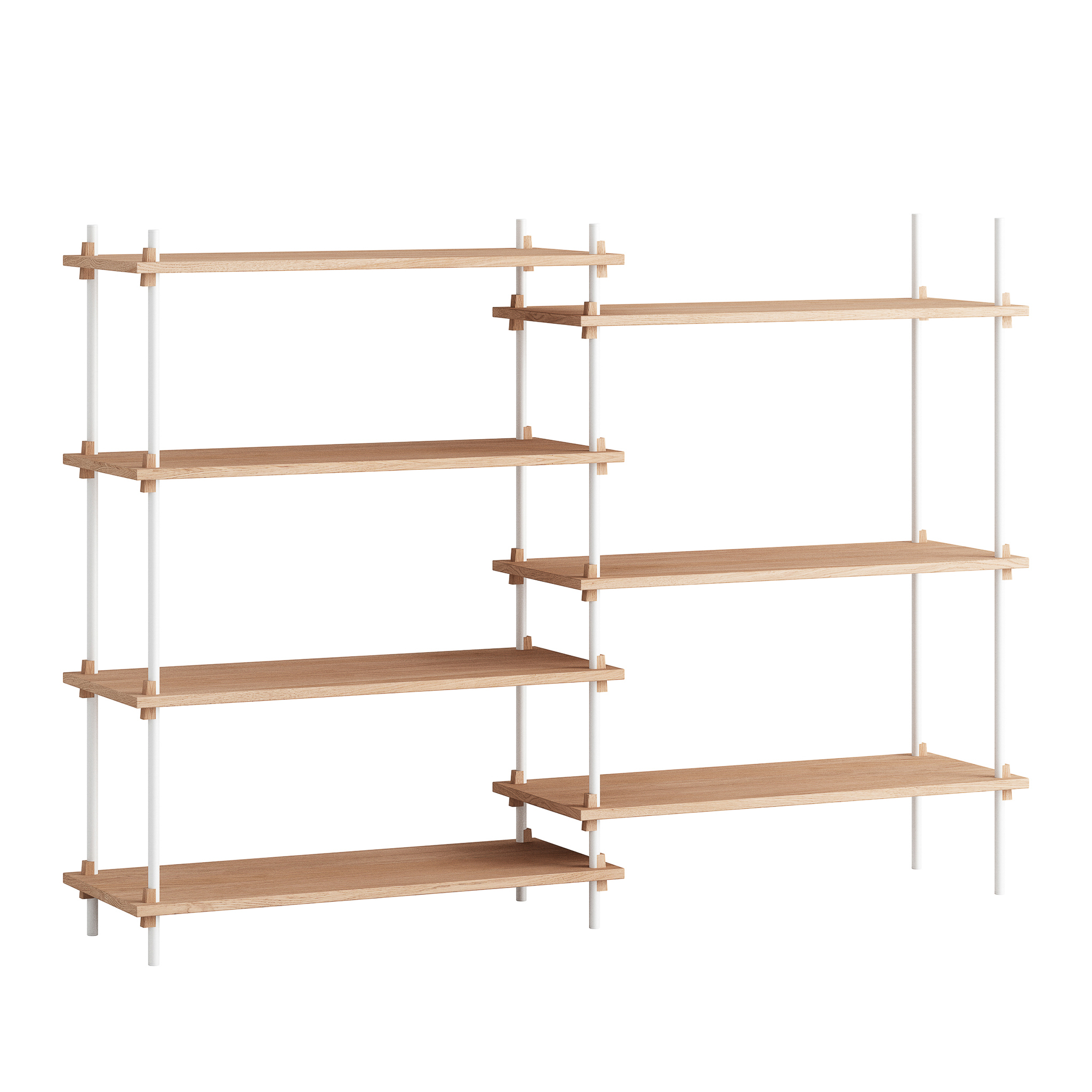 MOEBE // SHELVING SYSTEM - S.115.2.A | 115CM x 163CM |  OAK SHELVES |  WHITE LEGS