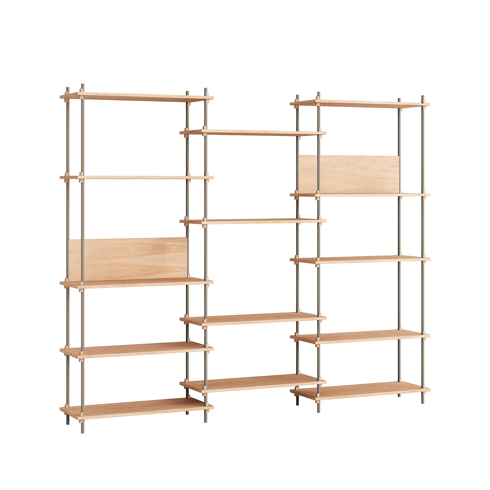 MOEBE // SHELVING SYSTEM - S.200.3.A | 200CM x 240CM |  OAK SHELVES |  WARM GREY LEGS