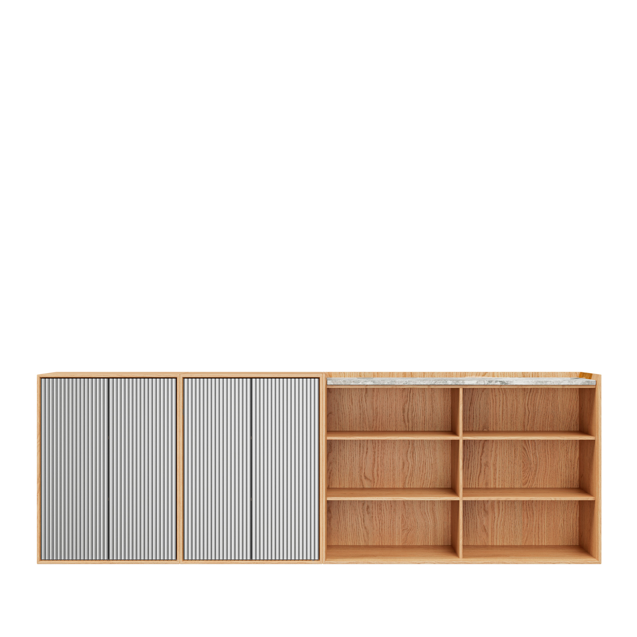 VIPP 675 // Cabinet H11 - Light oak case, light anodized aluminium doors, Sky grey marble top