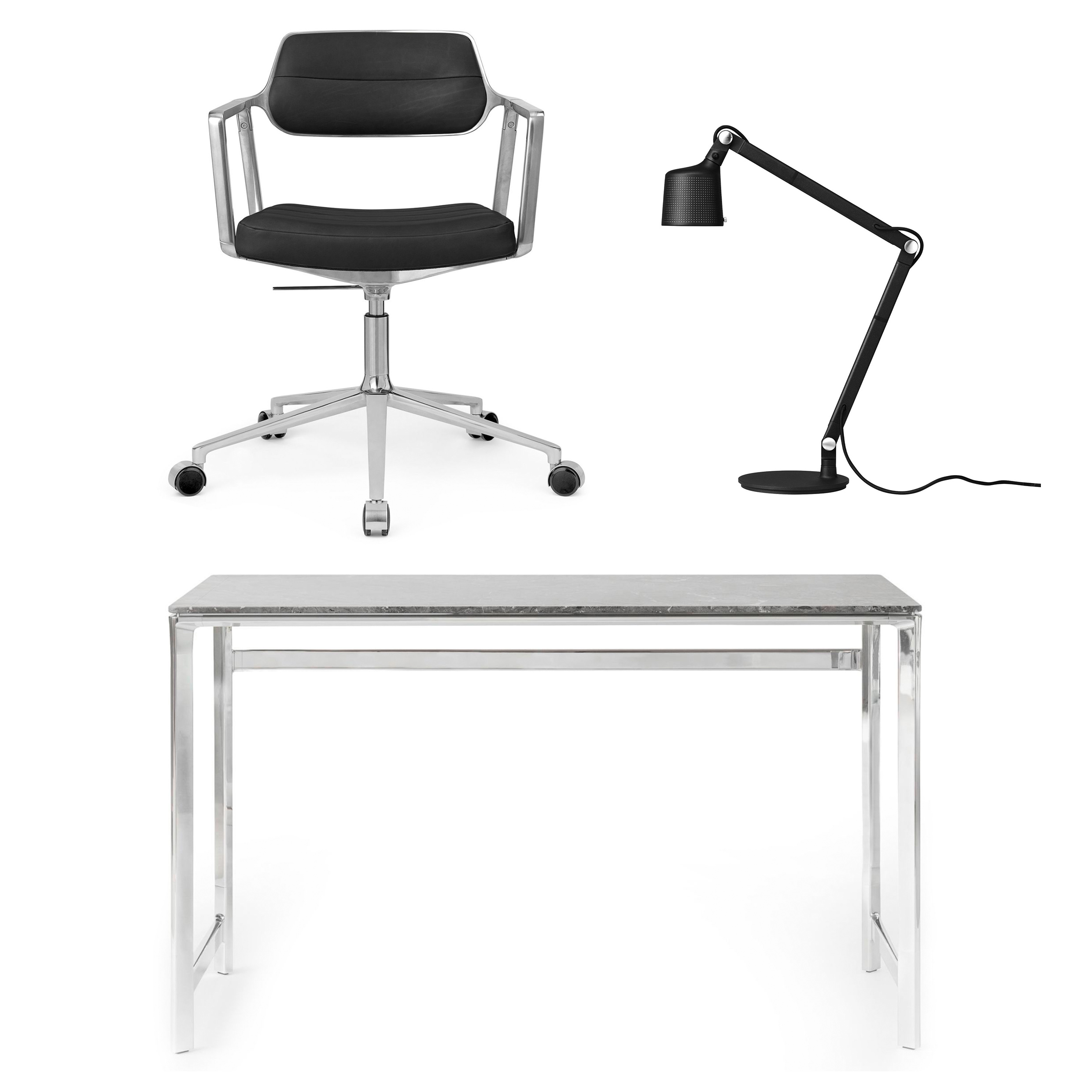 VIPP 430/453/521 Bundle - Studio Desk Ocean Grey + Drehstuhl pol. Rahmen Rollen Leder Schwarz + Schreibtischleuchte Schwarz