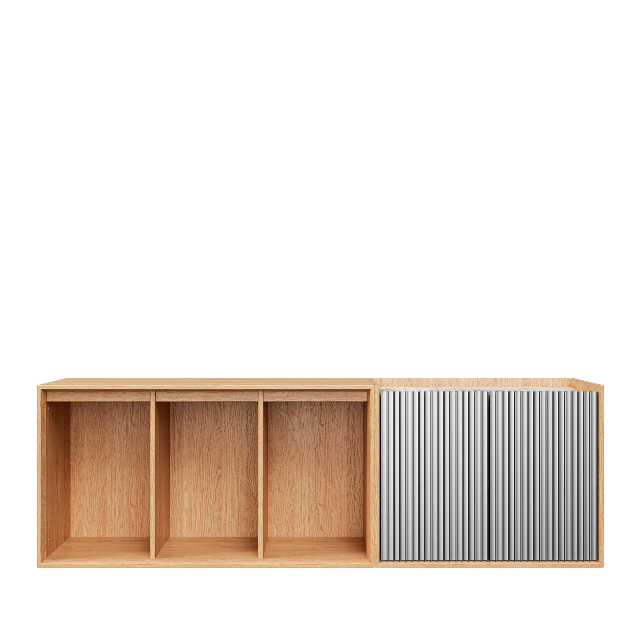 VIPP 675 // Schrank H5 - Korpus aus heller Eiche, Türen aus eloxiertem Aluminium, Marmor Sky Grey