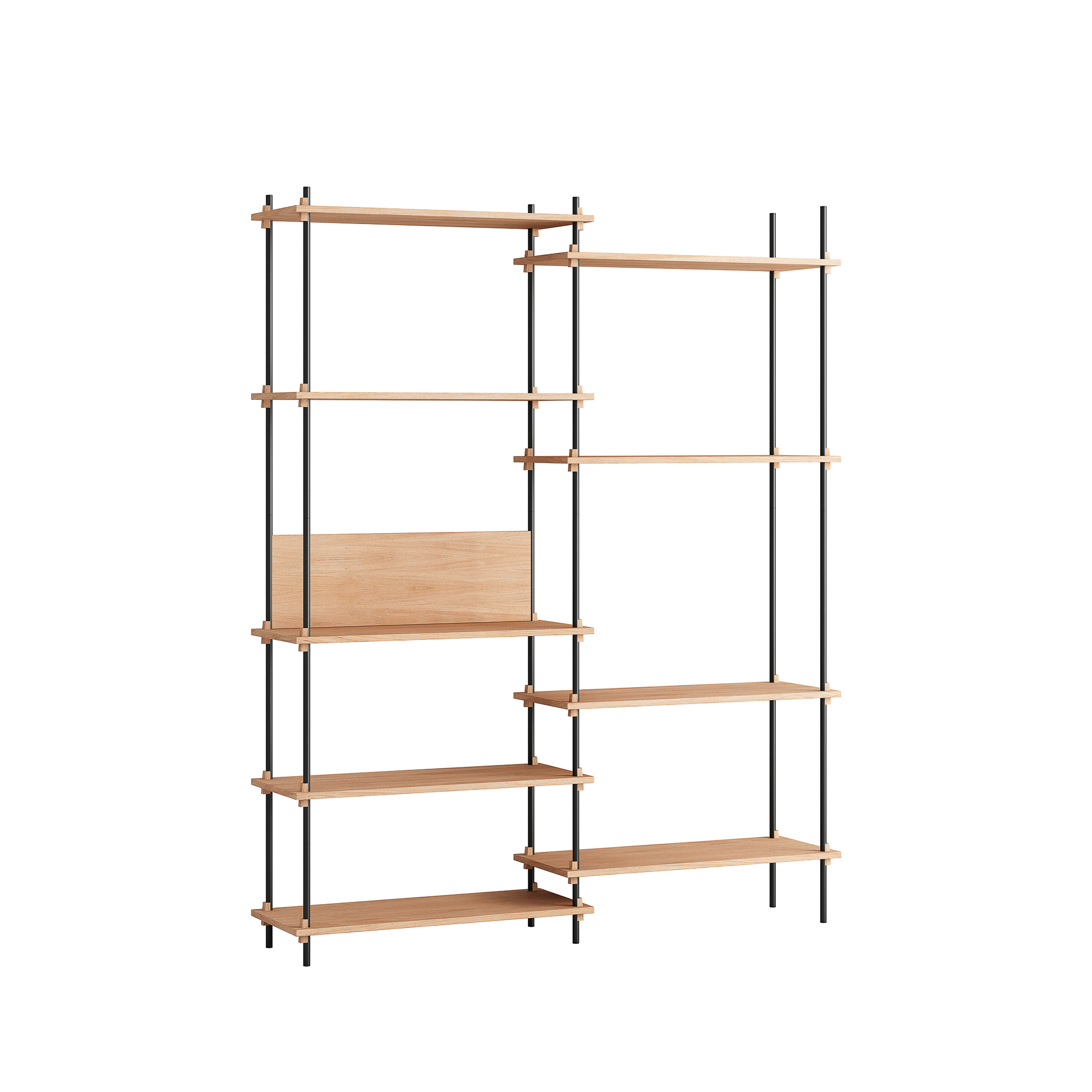 MOEBE // SHELVING SYSTEM - S.200.2.A | 200CM x 163CM |  OAK SHELVES |  BLACK LEGS