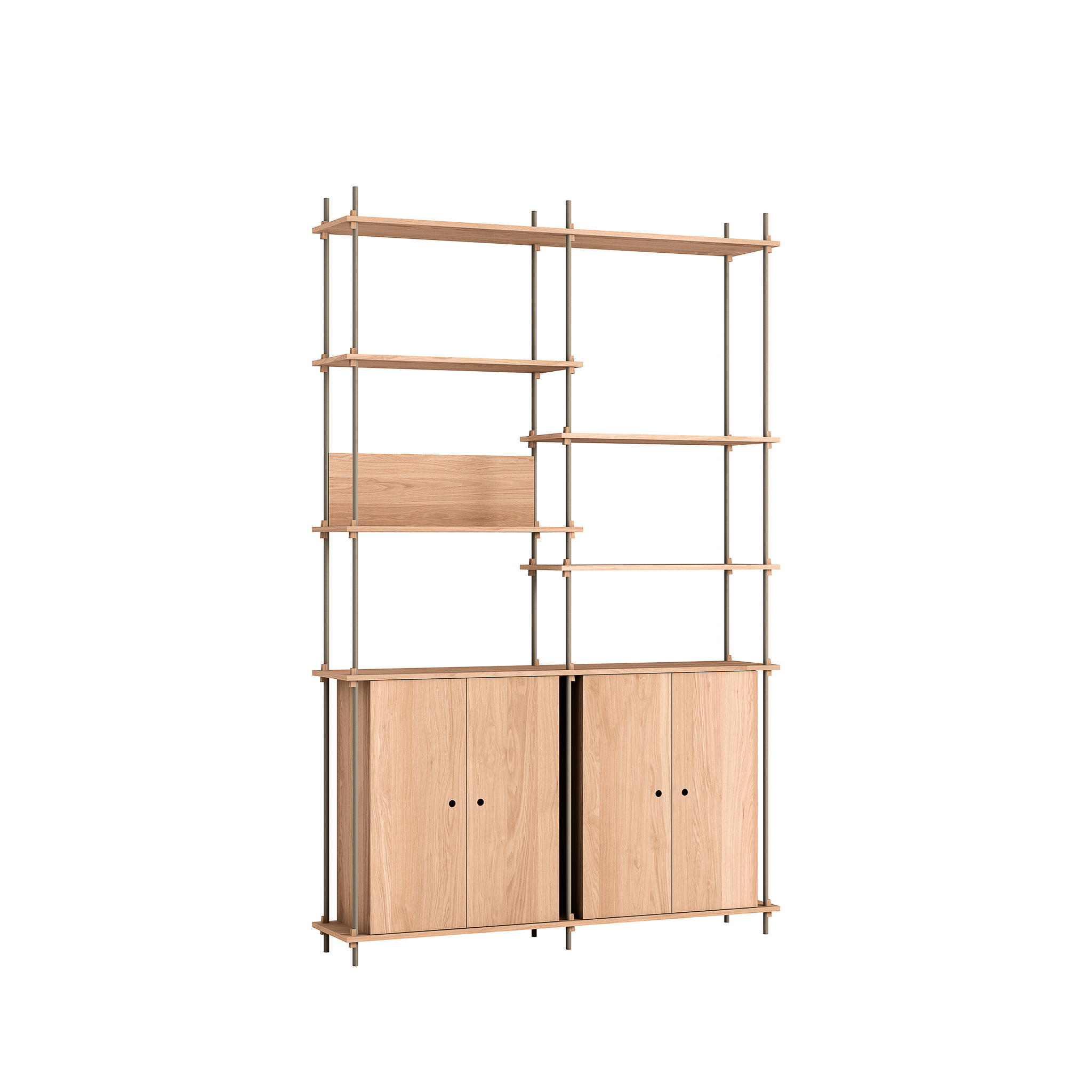 MOEBE // SHELVING SYSTEM - S.255.2.H | 255CM x 163CM |  OAK SHELVES |  WARM GREY LEGS