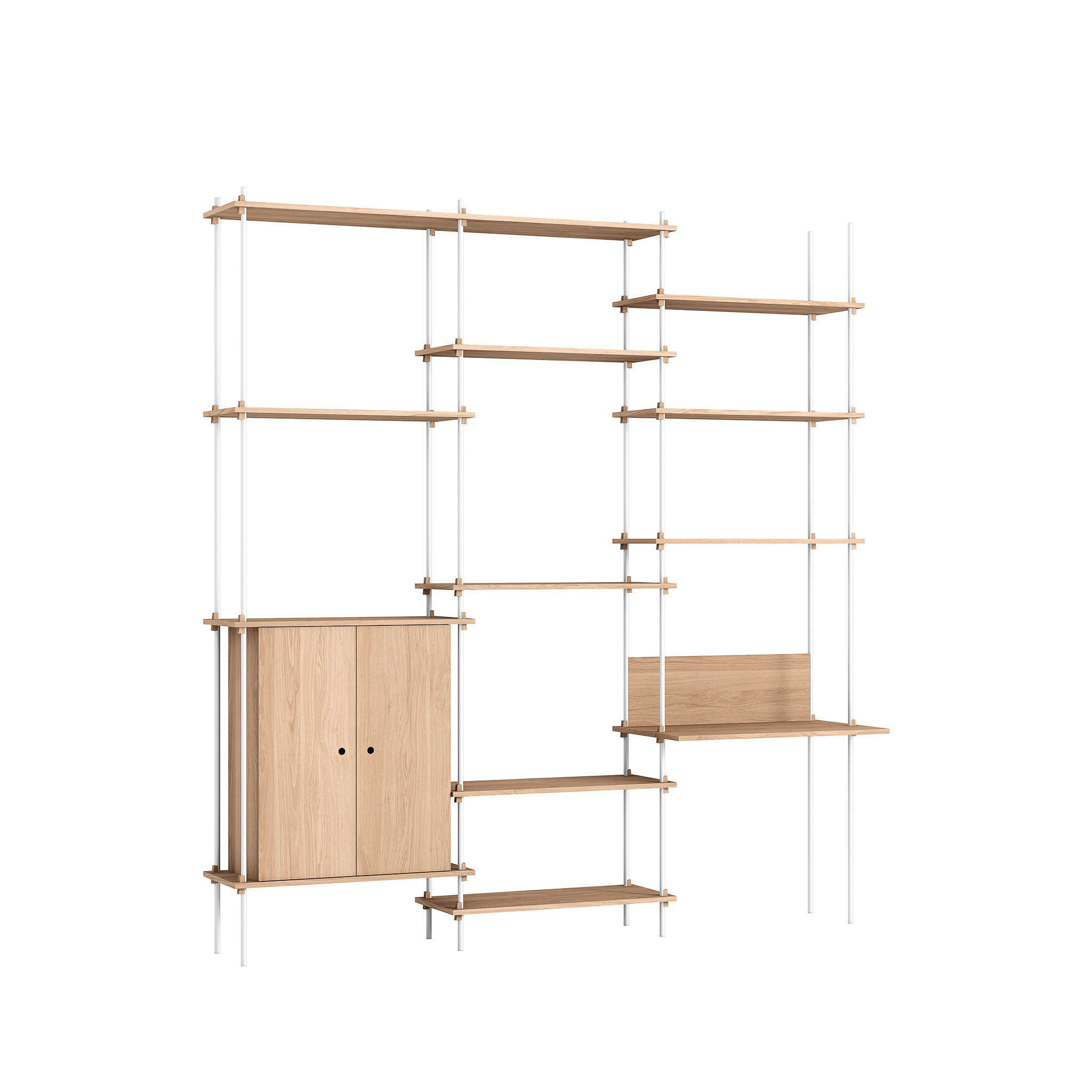 MOEBE // SHELVING SYSTEM - S.255.3.E | 255CM x 240CM |  OAK SHELVES |  WHITE LEGS