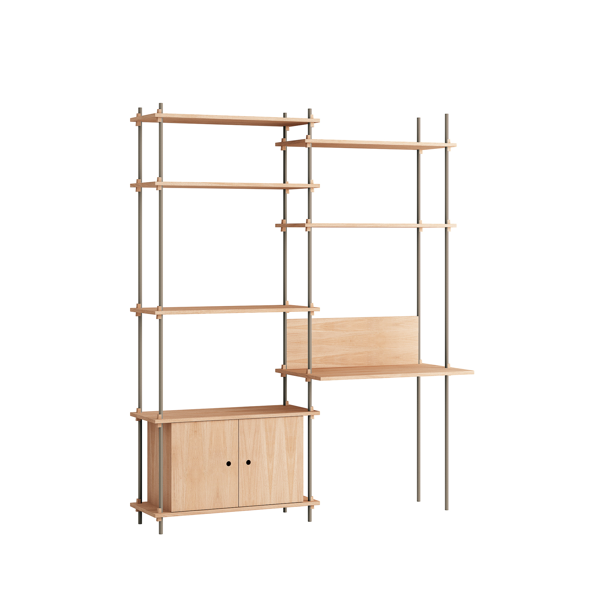 MOEBE // SHELVING SYSTEM - S.200.2.E | 200CM x 163CM |  OAK SHELVES |  WARM GREY LEGS